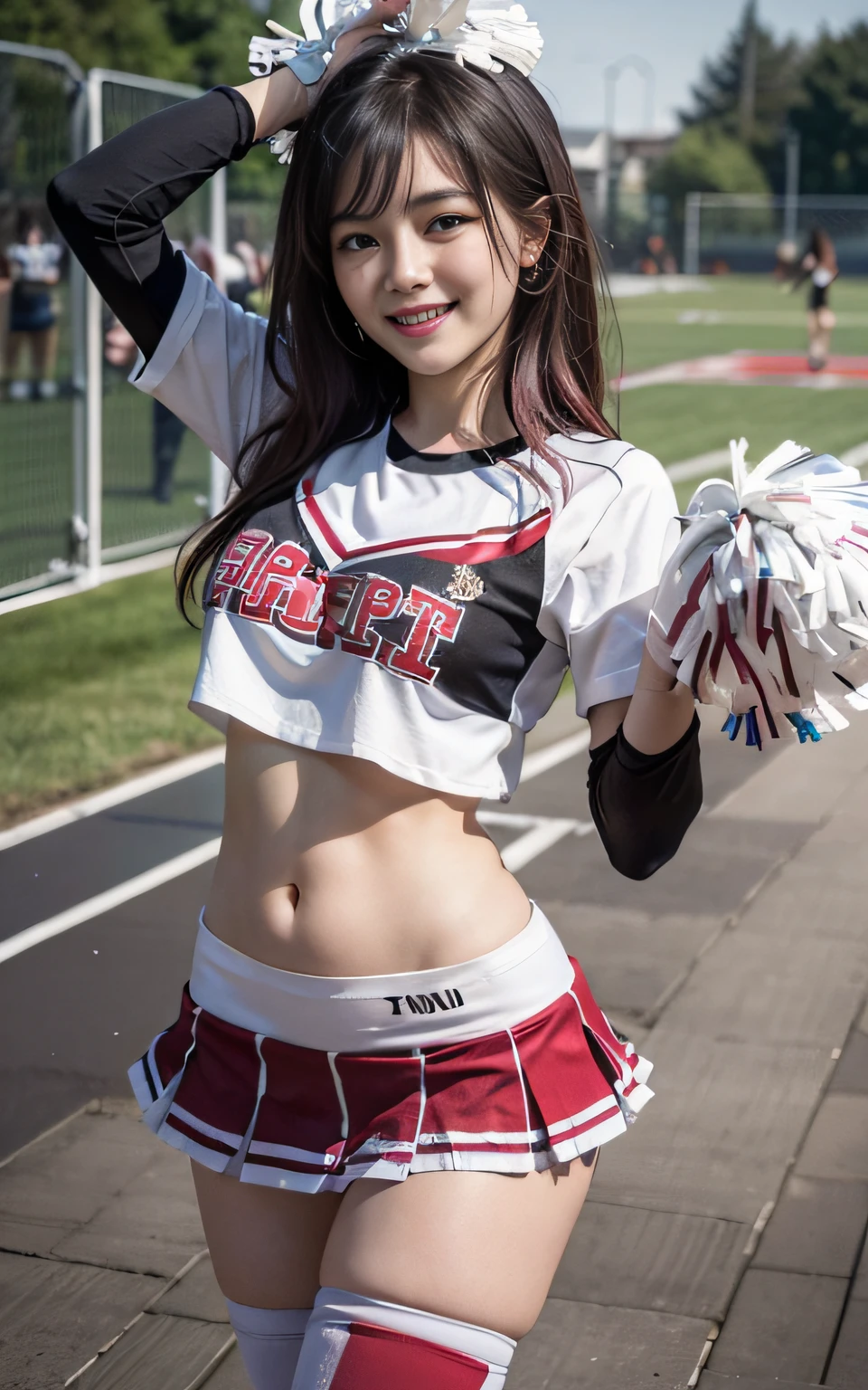 8K raw photos、Beautuful Women:2.0、24 years of age、jpn、Cute Baby Turtle、nedium breasts、((cheer girl:1.5))、A miniskirt、Beautiful eyes finely detailed、eyeslashes、((white legwear:1.2))、beautiful double eyelid、eye shadows、Perfect eye makeup、((A smile:1.6))、beautiful and thin legs、(maroon hair)、Medium hair、Fluffy hair、stadio、Daytime、latina、Photorealsitic:1.9、Sexy navel、Skinny legs、tthin eyebrows、tear bag、lofty nose、((Highly sexy))