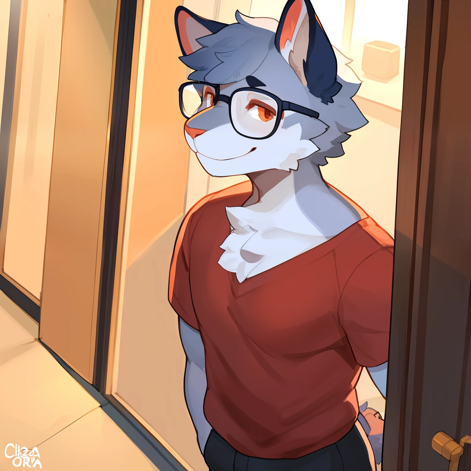 By bigcozyorca, by buta99, by chelodoy, solo, male, standing, short, smiling, ((snout)), short hair, detailed eyes, glasses, feline, silver fur, red polo shirt