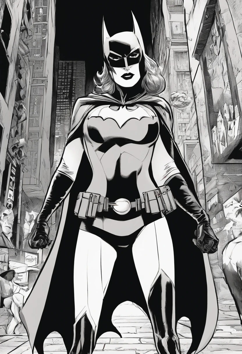 Batwoman wearing a skintight costume with a black cape in a dark, sinister alley under a dim light from a pole in a sensual pose with her hands on her waist, Batgirl, bodysuit, defined body, wide hips, Allan Moore, DC Comics, gothic scenario, Gottam City, intricate details