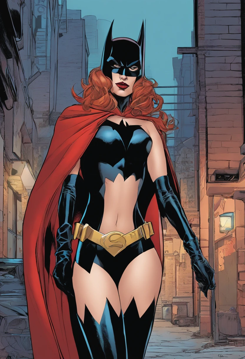 Batwoman wearing a skintight costume with a black cape in a dark, sinister alley under a dim light from a pole in a sensual pose with her hands on her waist, Batgirl, bodysuit, defined body, wide hips, Allan Moore, DC Comics, gothic scenario, Gottam City, intricate details