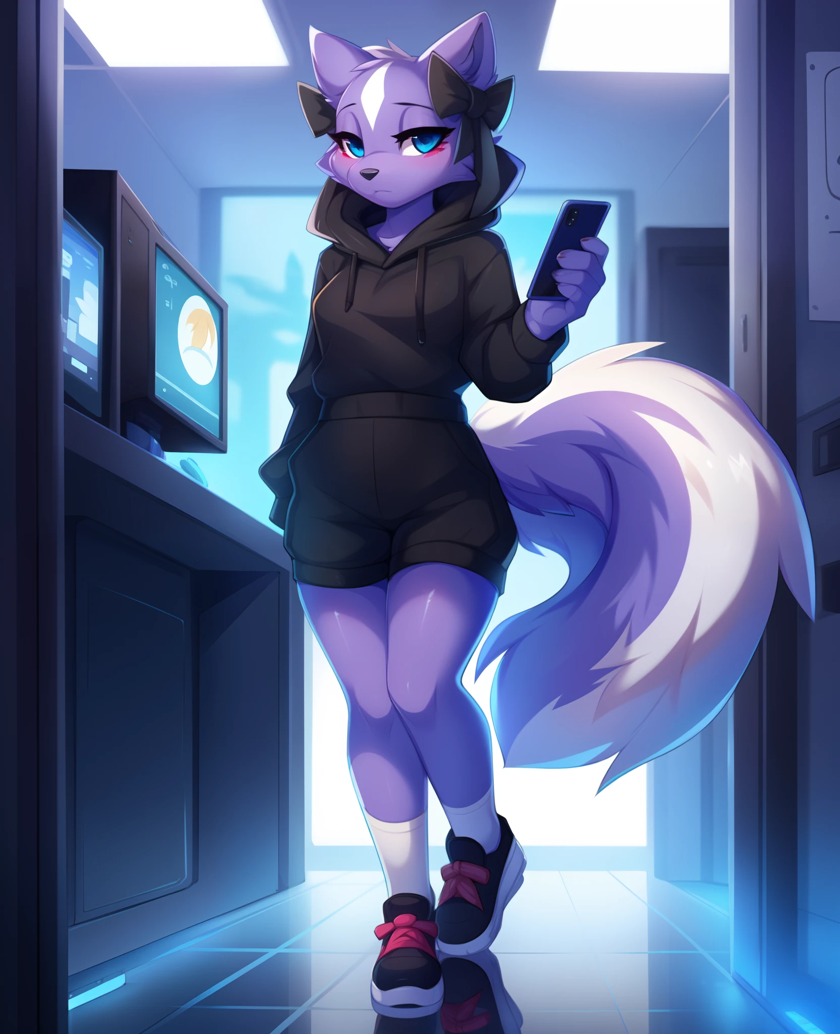 shikabane, purple fur, skunk girl, (Solo:1.3), Female Shikabane, cute face, cute body, standing in a dimly lit computer Internet cafe hallway, jitome, holding an iPhone, cellphone in one hand, (solo:1.3), highly detailed, black high top shoes, (short small cute tail:1.2), (only one cute tail:1.2), high resolution, bare legs, by hyattlen, by teranen, by fumiko, depressed, black shorts, (by Kilinah, by Coffeesoda, by Hioshiru, by Kilinah)