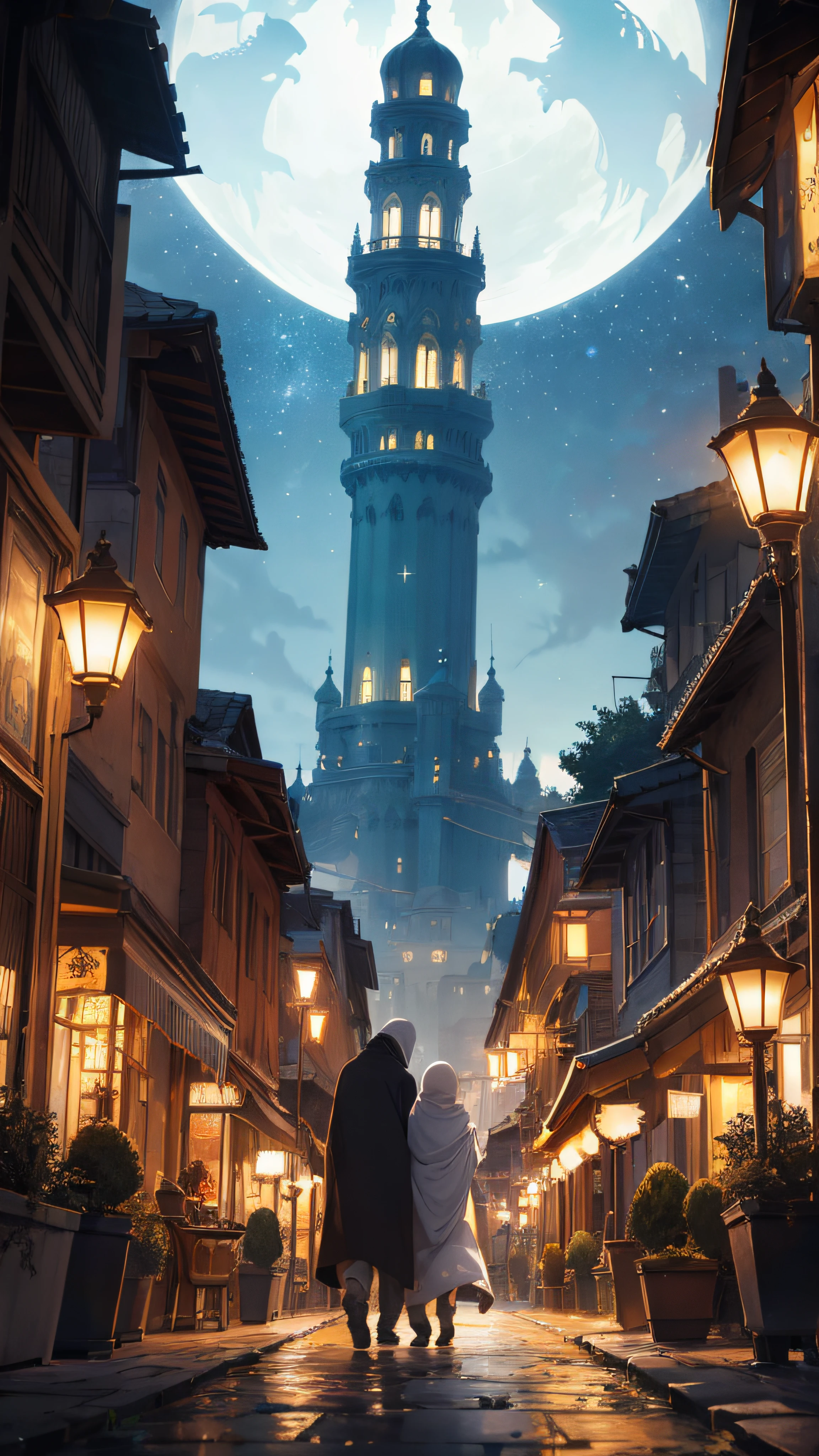 big mosque, muslim, muslim walking, As twilight blankets the realm, the heavens come alive with a celestial spectacle. Countless stars twinkle like shimmering diamonds, their ethereal glow casting a soft illumination upon the landscape. The moon, radiant and full, bathes everything in a gentle silver light, accentuating the enchantment that lies within. At the heart of the composition stands a majestic mechanical frog—a testament to both artistry and engineering prowess. Crafted with meticulous detail, its metallic frame gleams in the moonlight, adorned with ornate patterns and intricate engravings. Gears and mechanisms intertwine seamlessly, bringing the creature to life with graceful movements. a mesmerizing marvel of human innovation and imagination. Mosque adorned with neon lights reach towards the heavens, their vibrant hues painting the night sky with a kaleidoscope of colors. Tiny windows flicker like stars, revealing glimpses of bustling activity within the city's vibrant streets. As the mechanical frog traverses the landscape, its steps create a gentle rhythmic hum that reverberates through the air—a symphony of wonder and possibility. Each hop is a delicate dance, leaving behind a trail of glittering stardust that twinkles like a celestial pathway. The surrounding environment is a harmonious blend of nature and fantasy. Lush greenery and blooming flowers flourish beneath the moon's gentle gaze, their petals embracing the night with delicate fragrances. Majestic trees, their branches adorned with luminescent moss, stand sentinel, casting surreal shadows upon the landscape. A winding river meanders through the scene, its waters mirroring the starry spectacle above. It whispers secrets as it flows, weaving a tale that only those who listen closely can understand. Along its banks, fireflies illuminate the darkness with their gentle glow