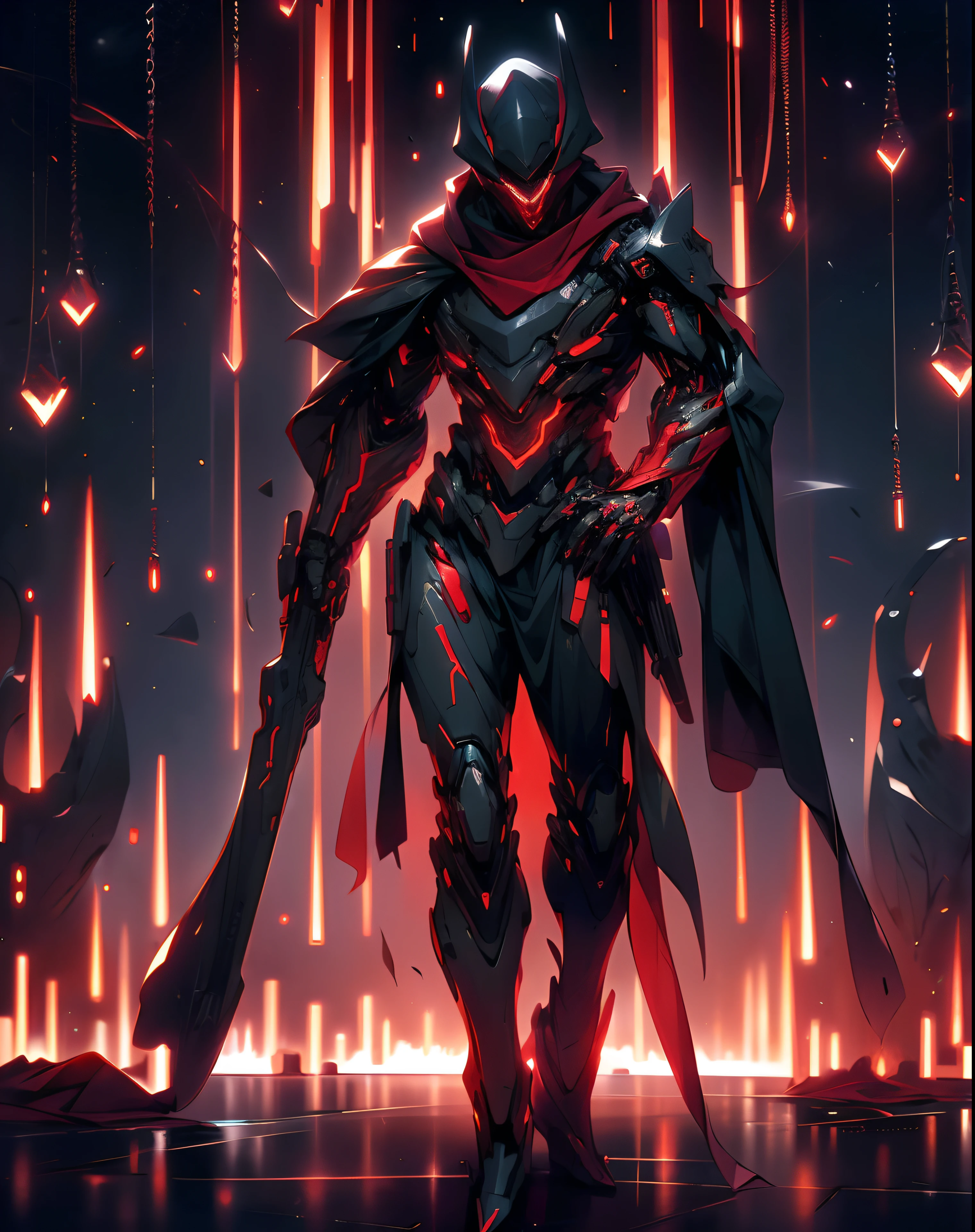 realistic,shiny,reflective,bioluminic, galactic cybernetic mask,mecha,(assassin:1.2),((((scarf,long cloak)))),sh4g0d,GlowingRunes_red,fullbody,cinemnatic,dark background,backlight,high contrast,