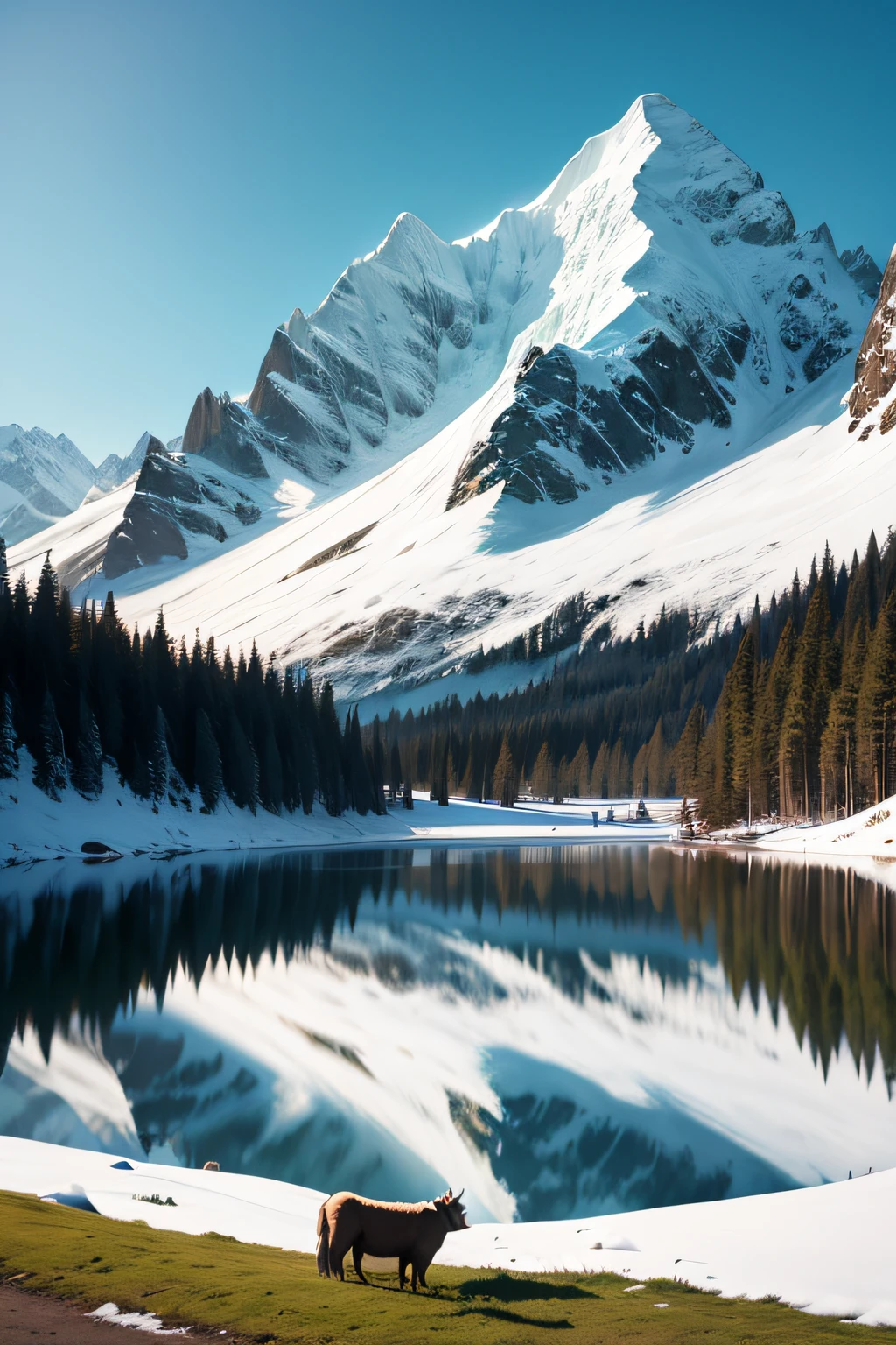 snow mountains,grassy fields,Blue-green lake,yak
