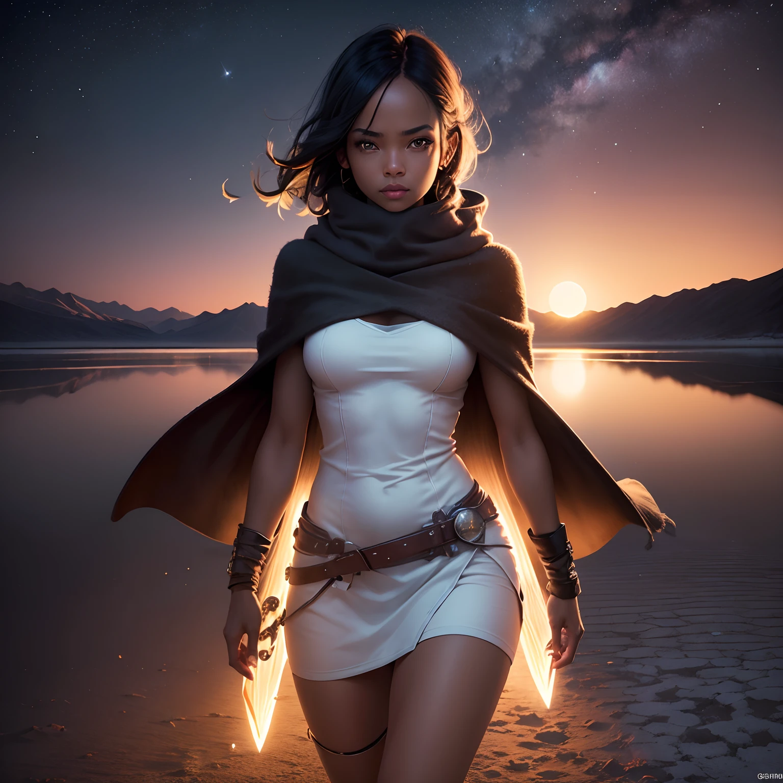 masutepiece, Best Quality, ((Salt Flat)), 4K,8K,Style,masutepiece, Create a black woman, Charging at night, ((Ultra-detailed)), Outdoors, Night, Nature, (Stars, fullmoon), shadowy, Contrasty, crystal clear skies, (Style, (Film grain: 1.3), (warm hue, warm tone): 1.2), Cinematic Light, Side lighting, Ultra High Resolution, (best shade), raw, Walk, poems,