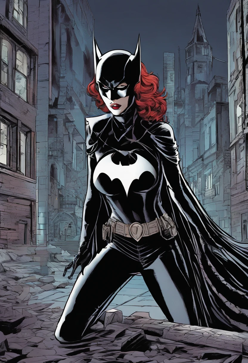 Batwoman wearing a skintight costume with a black cape in a dark, sinister alley under a dim light from a pole in a sensual pose with her hands on her waist, Batgirl, bodysuit, defined body, wide hips, Allan Moore, DC Comics, gothic scenario, Gottam City, intricate details