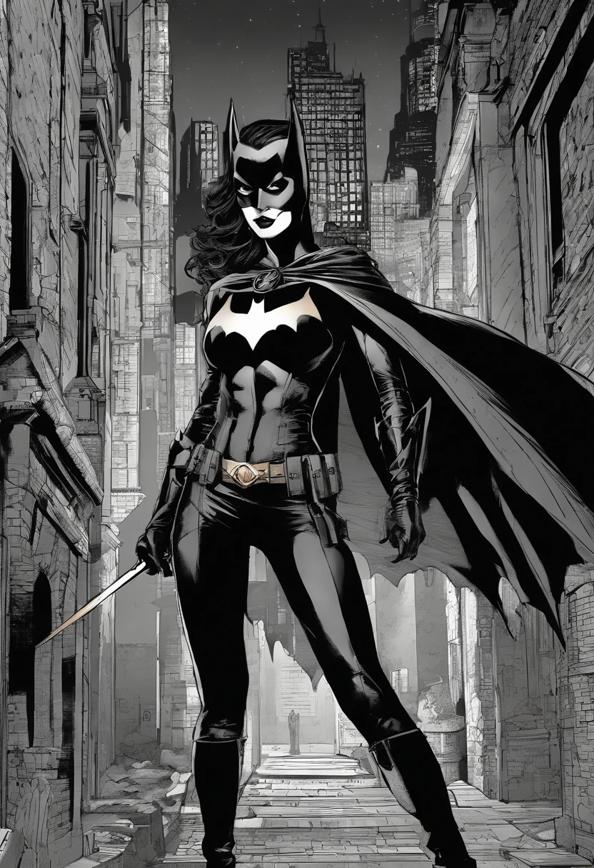 Batwoman wearing a skintight costume with a black cape in a dark, sinister alley under a dim light from a pole in a sensual pose with her hands on her waist, Batgirl, bodysuit, defined body, wide hips, Allan Moore, DC Comics, gothic scenario, Gottam City, intricate details