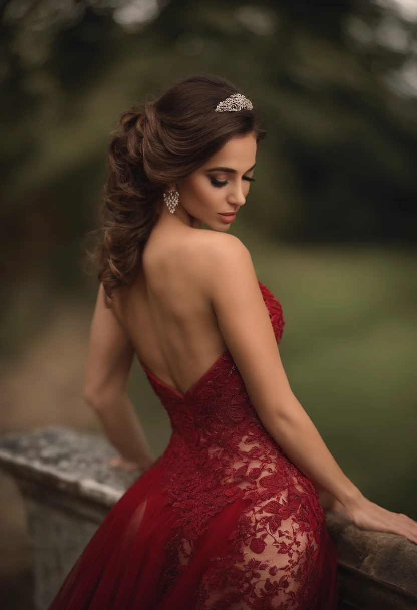fotos femininas, fine facial features, fotorrealista, Vestidos de Festa、vestido vermelho、Renda、Ornamentado、cabelos cacheados、Cabelo semi-up、coxas coxas coxas coxas coxas、skintight、romantico、deitado、roupa de cama, pernas abertas, calcinha aparecendo, calcinha branca de renda.