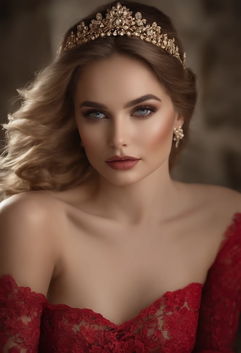fotos femininas, fine facial features, fotorrealista, Vestidos de Festa、vestido vermelho、Renda、Ornamentado、cabelos cacheados、Cabelo semi-up、coxas coxas coxas coxas coxas、skintight、romantico、deitado、roupa de cama, pernas abertas, calcinha aparecendo, calcinha branca de renda.