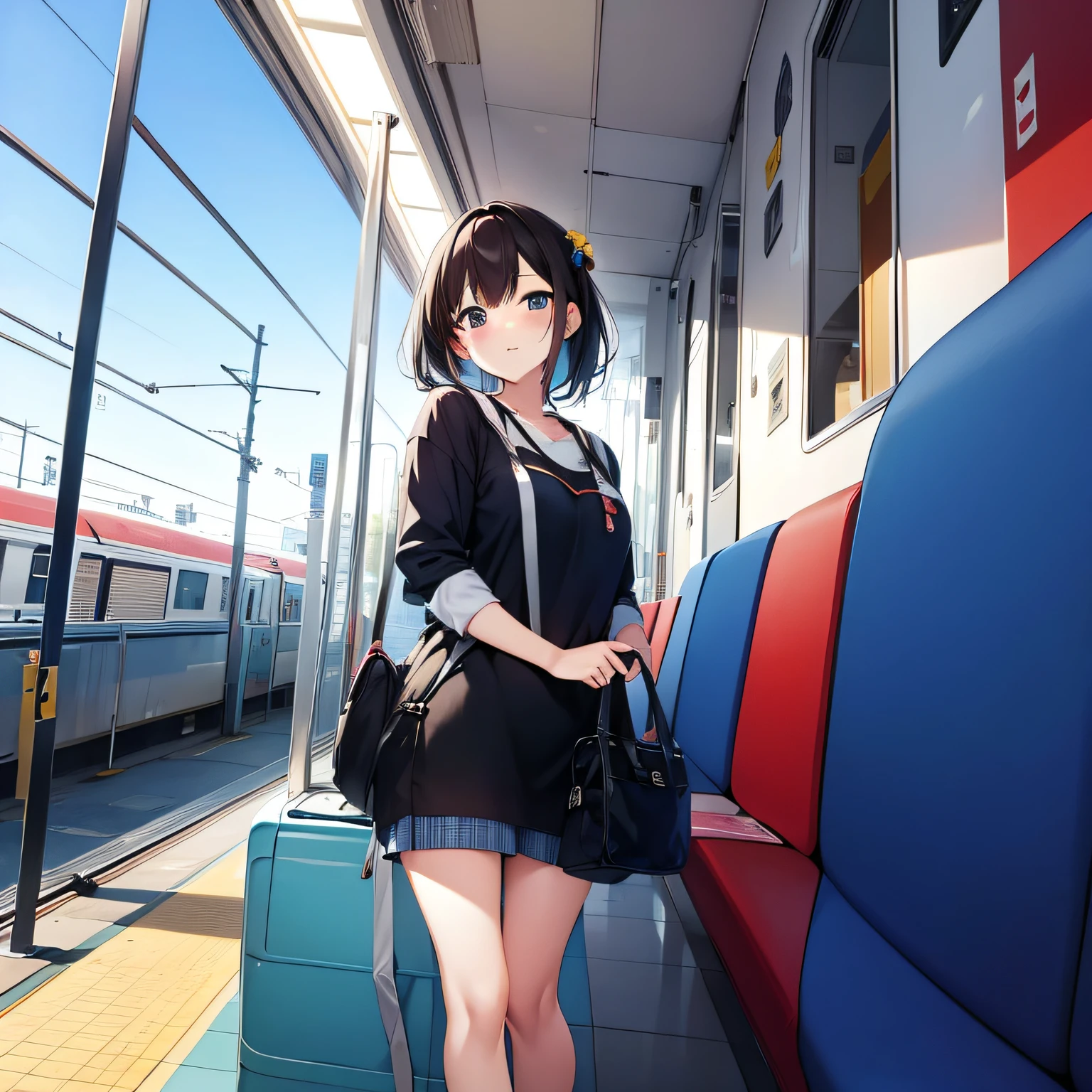 On the train　girl with　commute　pixiv style　cel anime