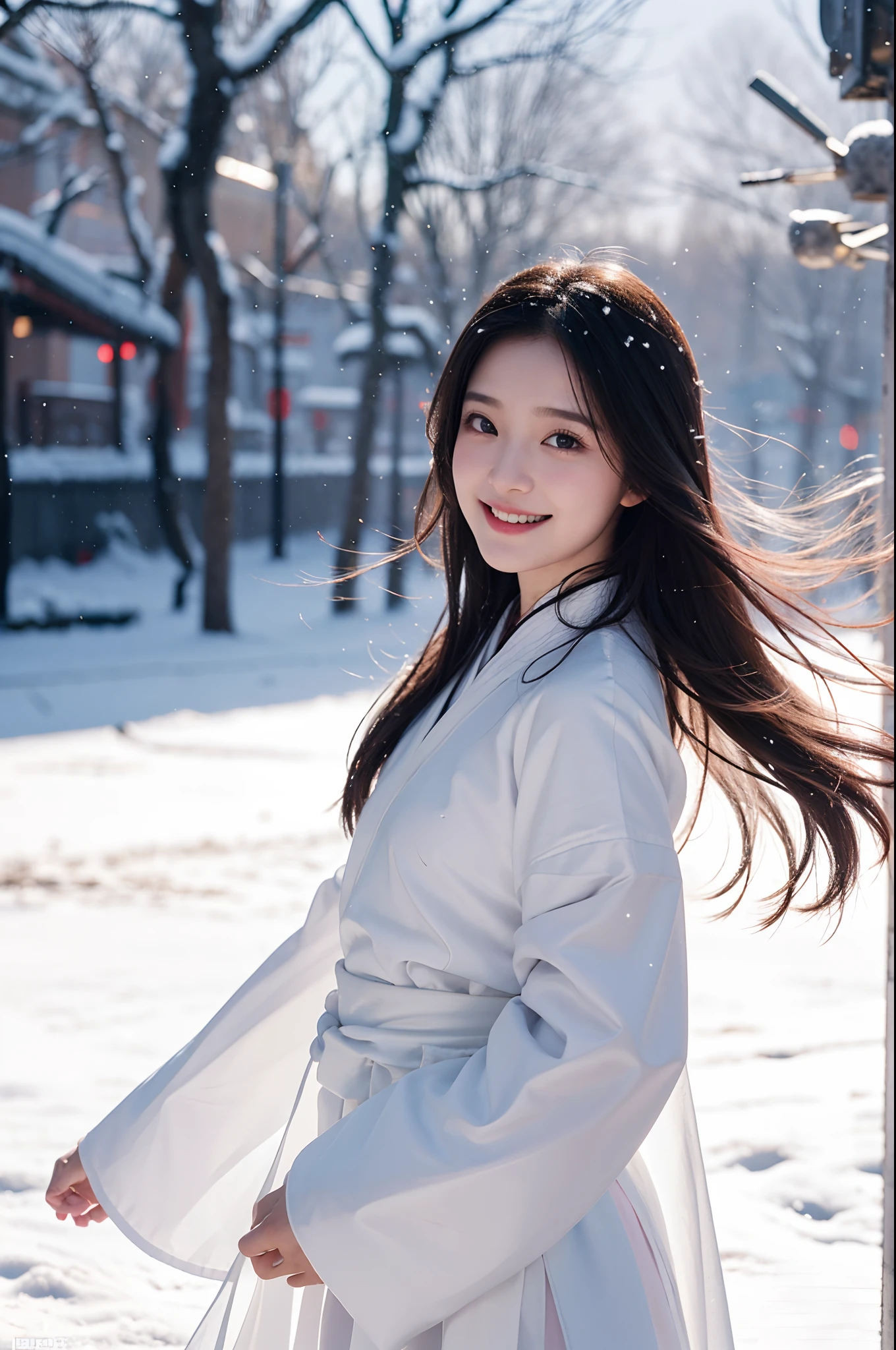 bestquality, 8K image quality, 1girls, White Hanfu, snow, Long hair fluttering in the wind., Healing smile, large aperture, blurred background
