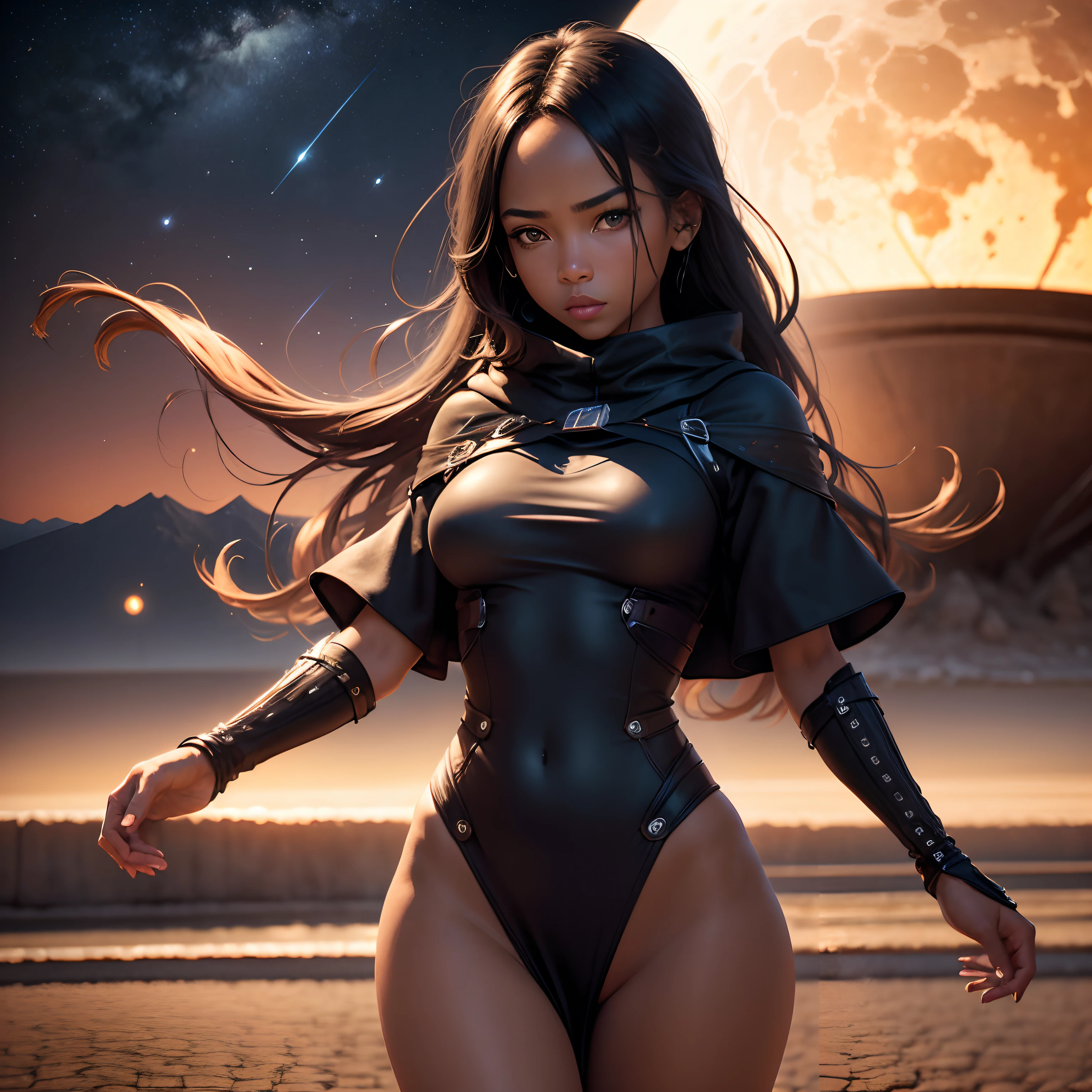 masutepiece, Best Quality, ((Salt Flat)), 4K,8K,Style,masutepiece, Create a black woman, During night long charge, ((Ultra-detailed)), Outdoors, Night, Nature, (Stars, fullmoon), shadowy, Contrasty, crystal clear skies, (Style, (Film grain: 1.3), (warm hue, warm tone): 1.2), Cinematic Light, Side lighting, Ultra High Resolution, (best shade), raw, Walk, poems,