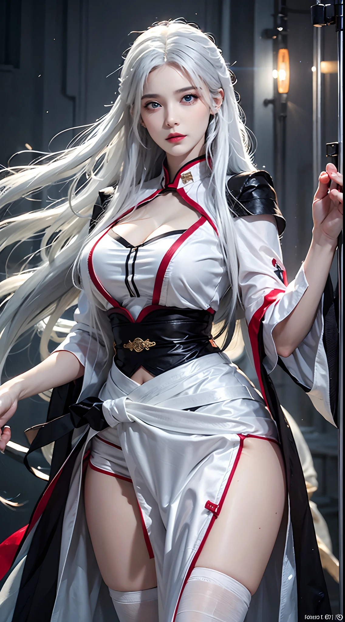 photorealistic, high resolution, soft lights, 1women, solo, hips up, blue eyes, white hair, long hair, blue eyes, red lips, hanfu