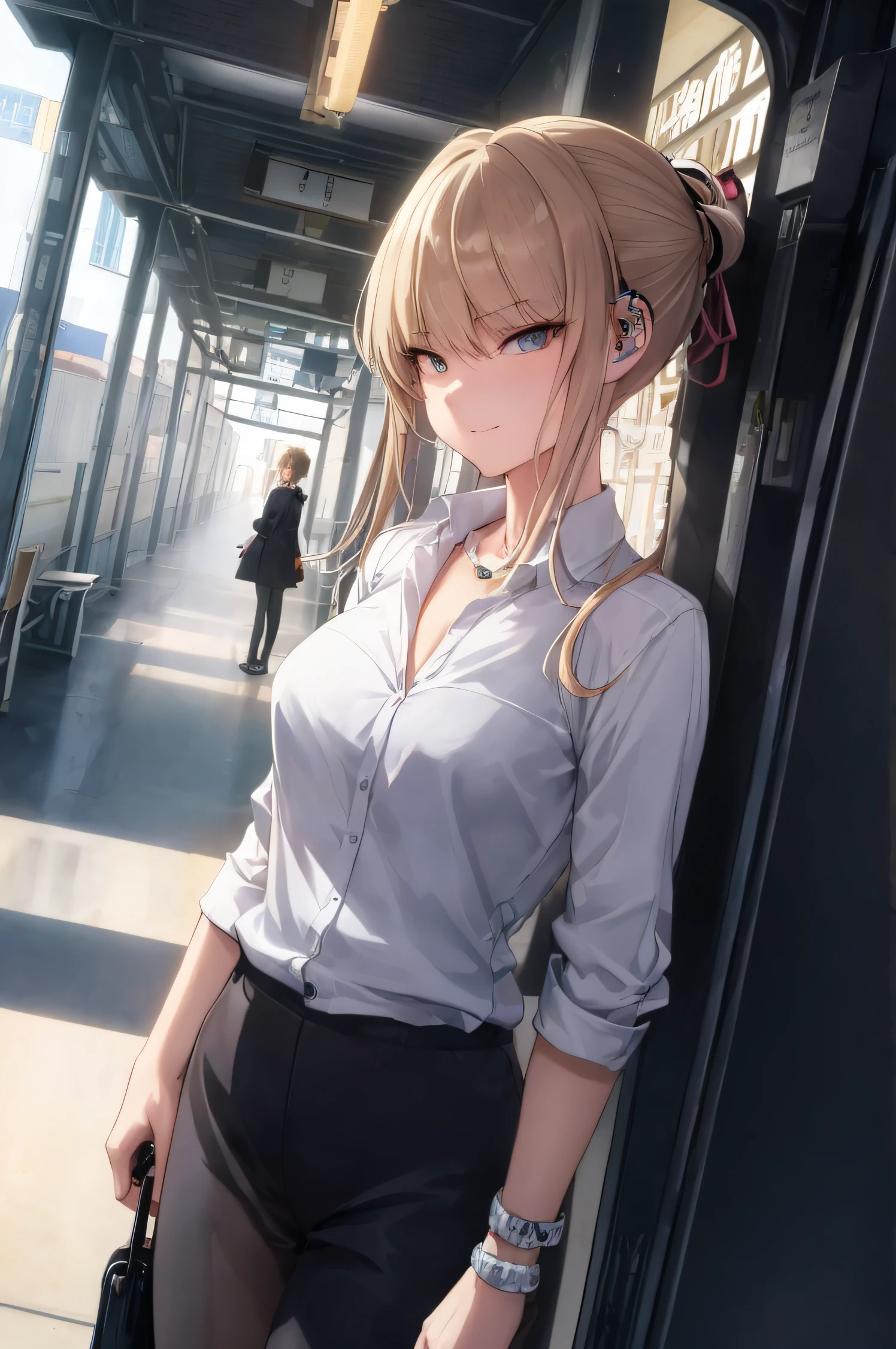 (masterpiece, best quality, detailed),1girl, tokidef,blonde hair, standing in a train station, makoto shinka, seductive anime girl, attractive anime girl, smooth anime cg art, (sfw) safe for work, teasing smile,clean detailed anime art,high resolution, (perfect hands, perfect anatomy),