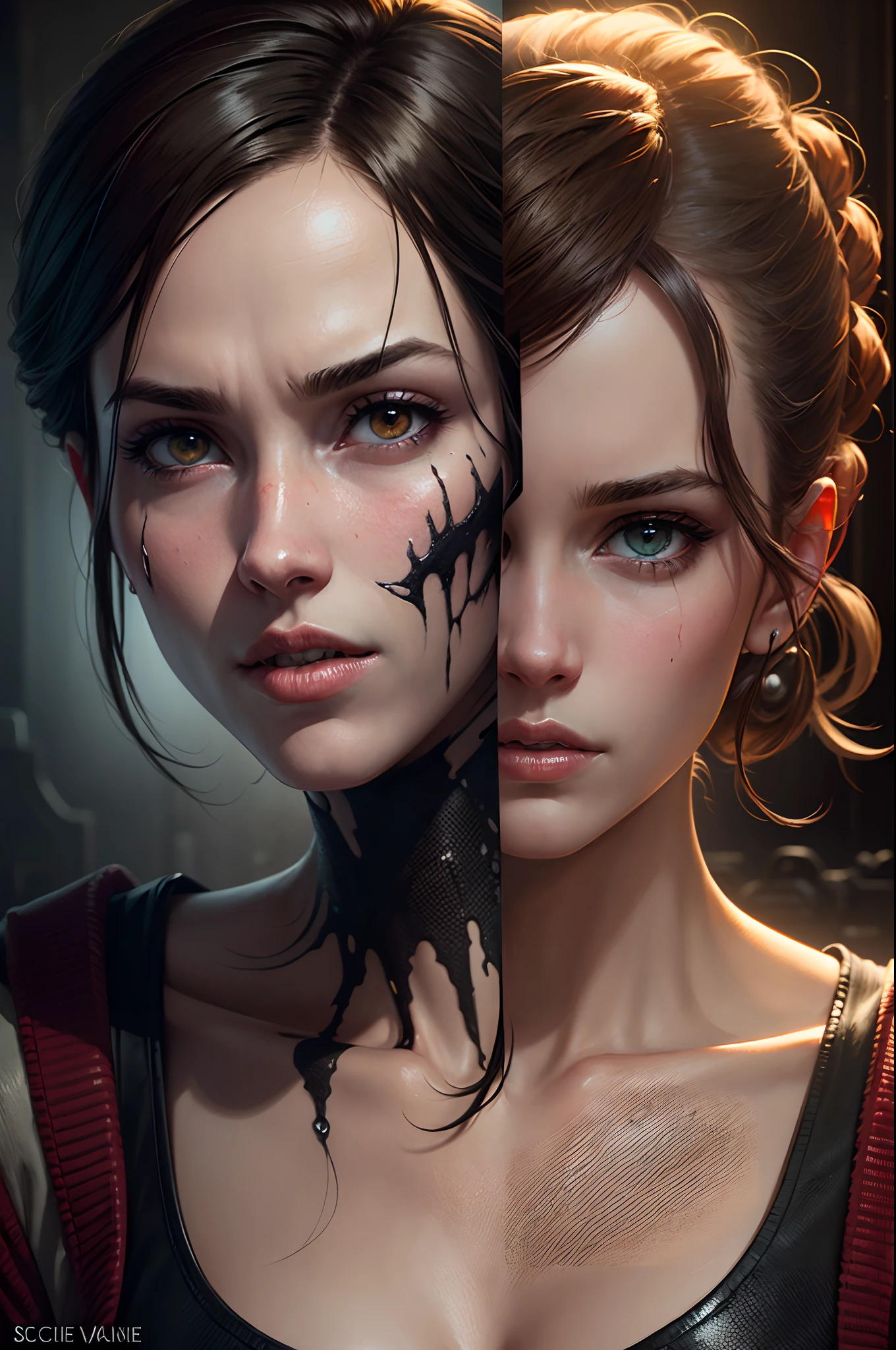 (Sci-fi fantasy), (Masterpiece), (professional oil painting) (best quality), (8k resolution),Leon S. Kennedy, Claire Valentine, Resident Evil, G virus monster , Raccoon City, capcom video game, focous on faces features of both Leon and Claire , beautiful faces, Zombies everywhere, shooting positions