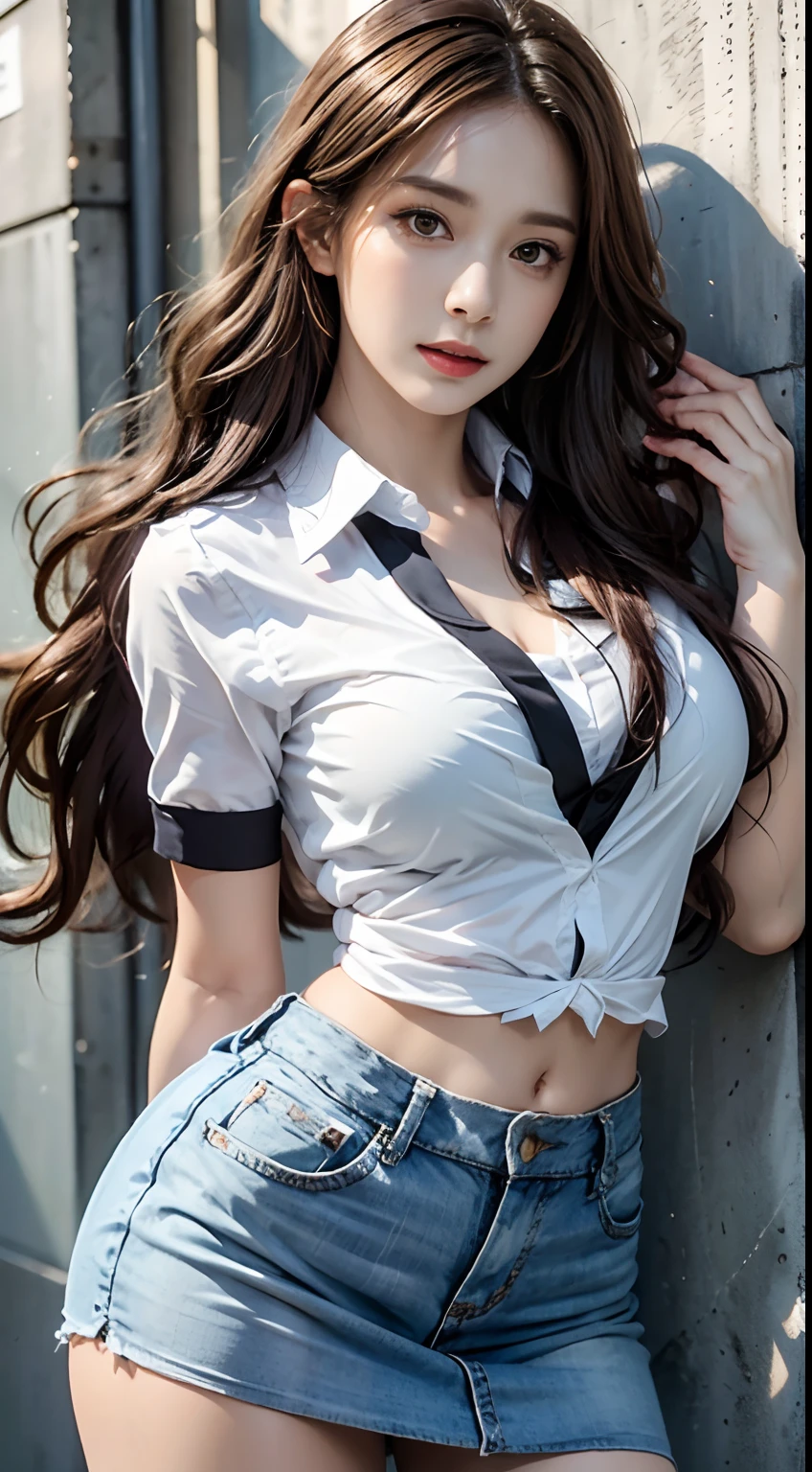 Photorealistic, High resolution, 1womanl, maturefemale, Solo, hips up high, look at viewr, (Detailed face), Wavy Hair, Long hair, School uniform, Mini skirt