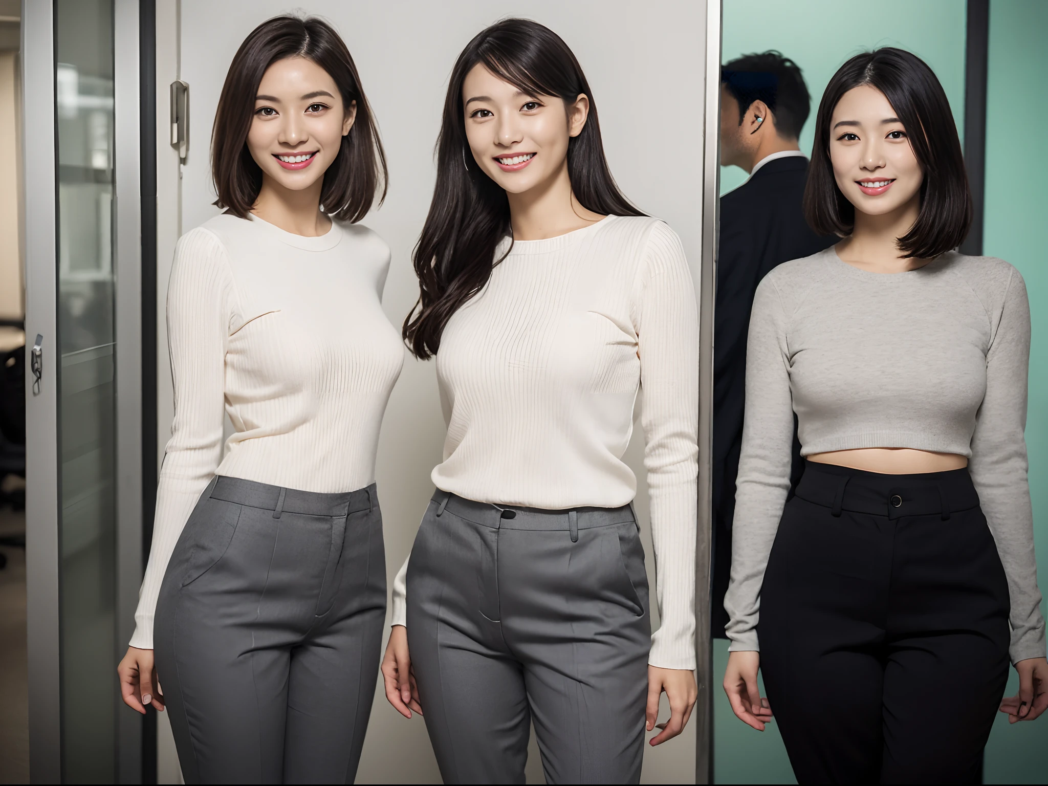 masutepiece, Best Quality, 超A high resolution,(photographrealistic:1.4) (depth of fields),(Lens Glow) , jaket:1.5、Inside the office:1.5、a Pretty Japanese woman１a person:1.5、officeworker、Sexy ass:1.5、smil、(tight trousers:1.5)、put hands on the hip、