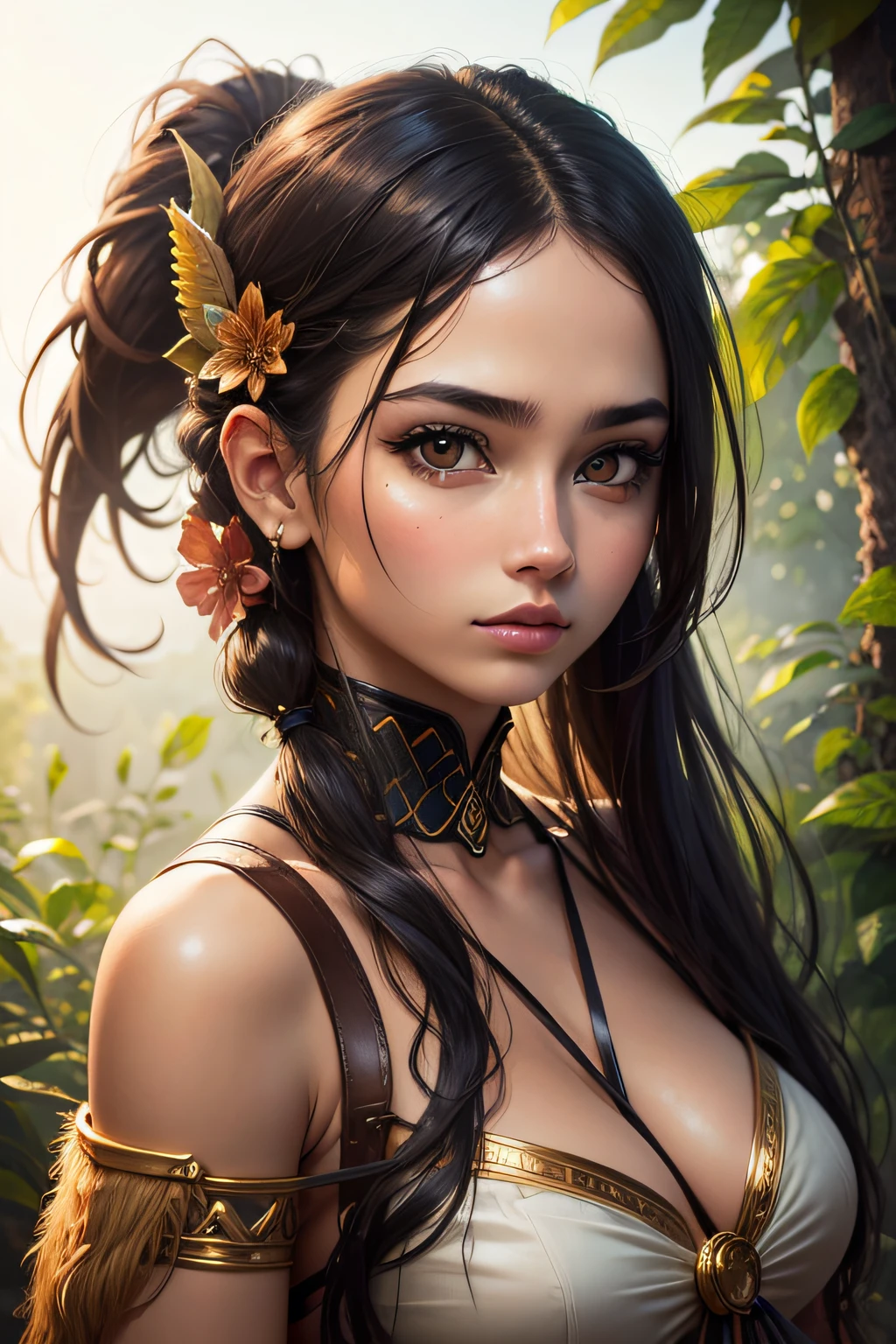 portrait Ariana Grande, wearing breasts cheetah costume, against the background of the rainforest, character portrait, 3 9 9 0 s, short hair, intricate, elegant, highly detailed, digital painting, artstation, concept art, smooth, sharp focus, illustration, art by wlop, charlie bowater and alexandra fomina, 36k