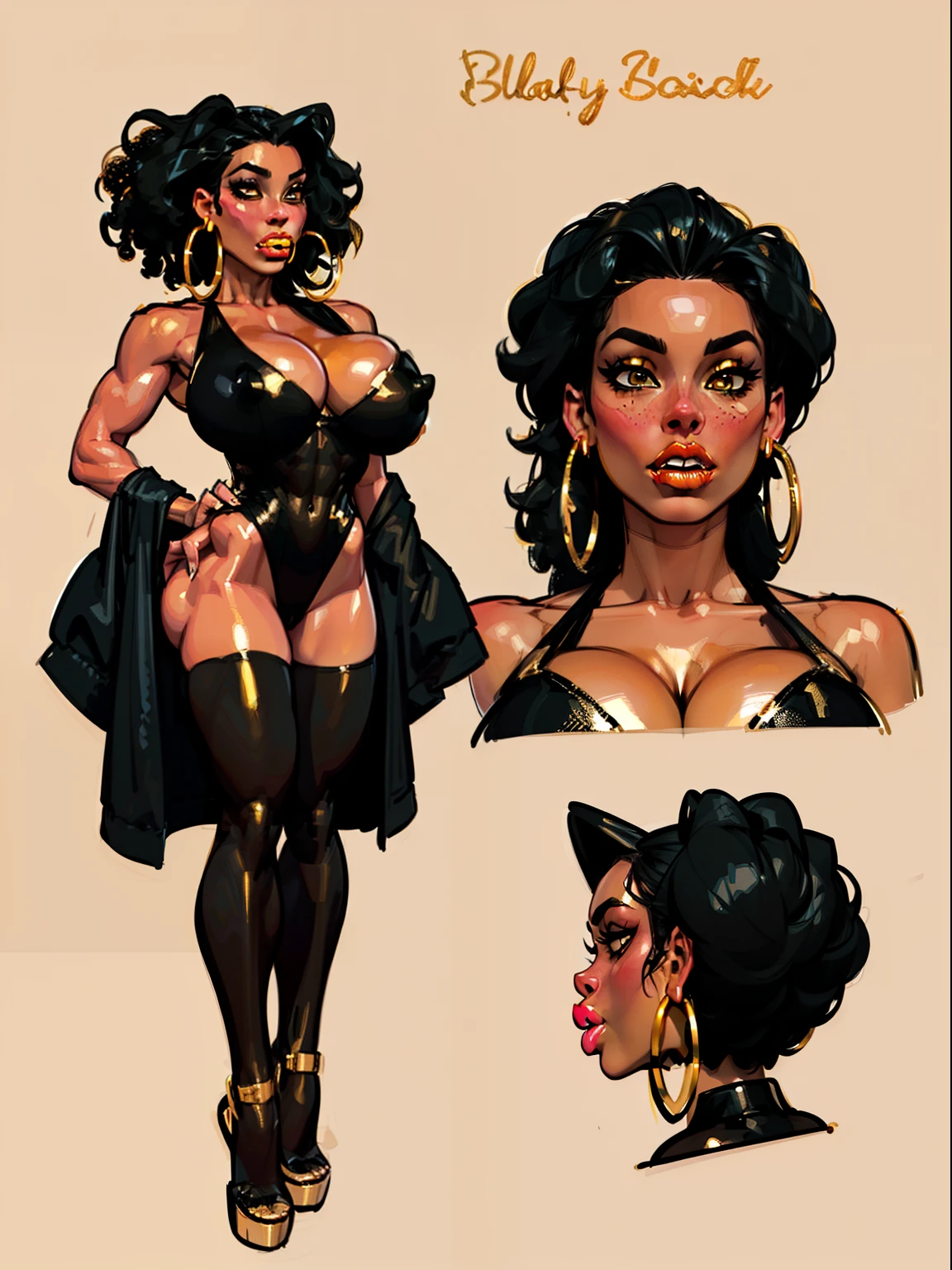 (Above view:1.1)((masterpiece)),(((best quality))),((character sheet)), ((full body view)) ((black woman)) ((afro combed to sides)) ((seductive pose)) mature face, defined cheekbones, high cheekbones, illustration, girl, muscular, ((afro:1.4)), sexy bimbo, (gigantic breasts:1.2) (((black hair))), ((detailed face:1.4)) beautiful woman, (gold leotard:1.4), (gold hoop earrings:1.6), (thighhighs:1.4) (yellow lips:1.6) , shiny skin, scribbles and marks,(puffy lips:1.5) , rough sketches, 8k,16k, (simple background, white background: 1.3), gold and black color palette, brown legs, orange arms, (black skin:1.7)