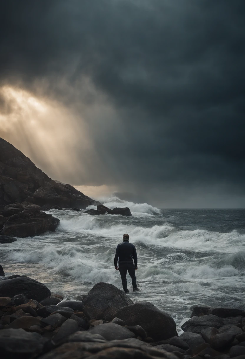 Draw a scene that shows the storm at sea and how the sailors react to danger.