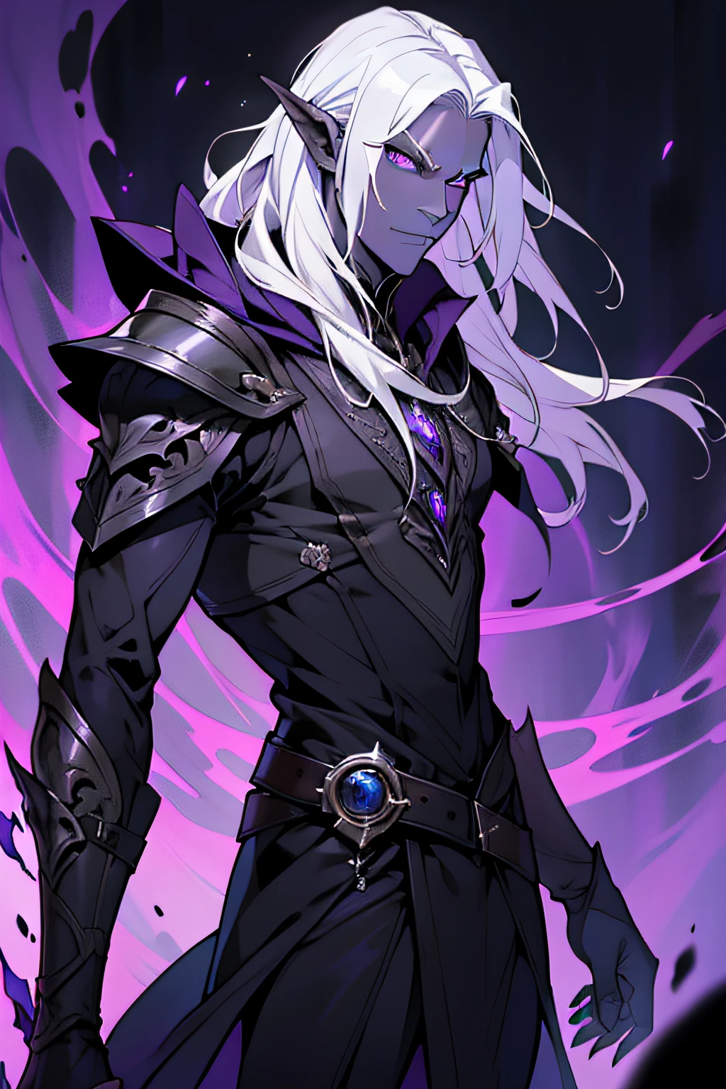 Ilvander Duskwhisper is a 138 year old male drow warlock.

he has long, straight, white hair and purple eyes.

he has silky black skin.

he has a slender, toned and athletic build.

he has an oblong face with soft slightly feminine features.

He wears a suite of fine leather armor and brandishes an arcane looking revolver.