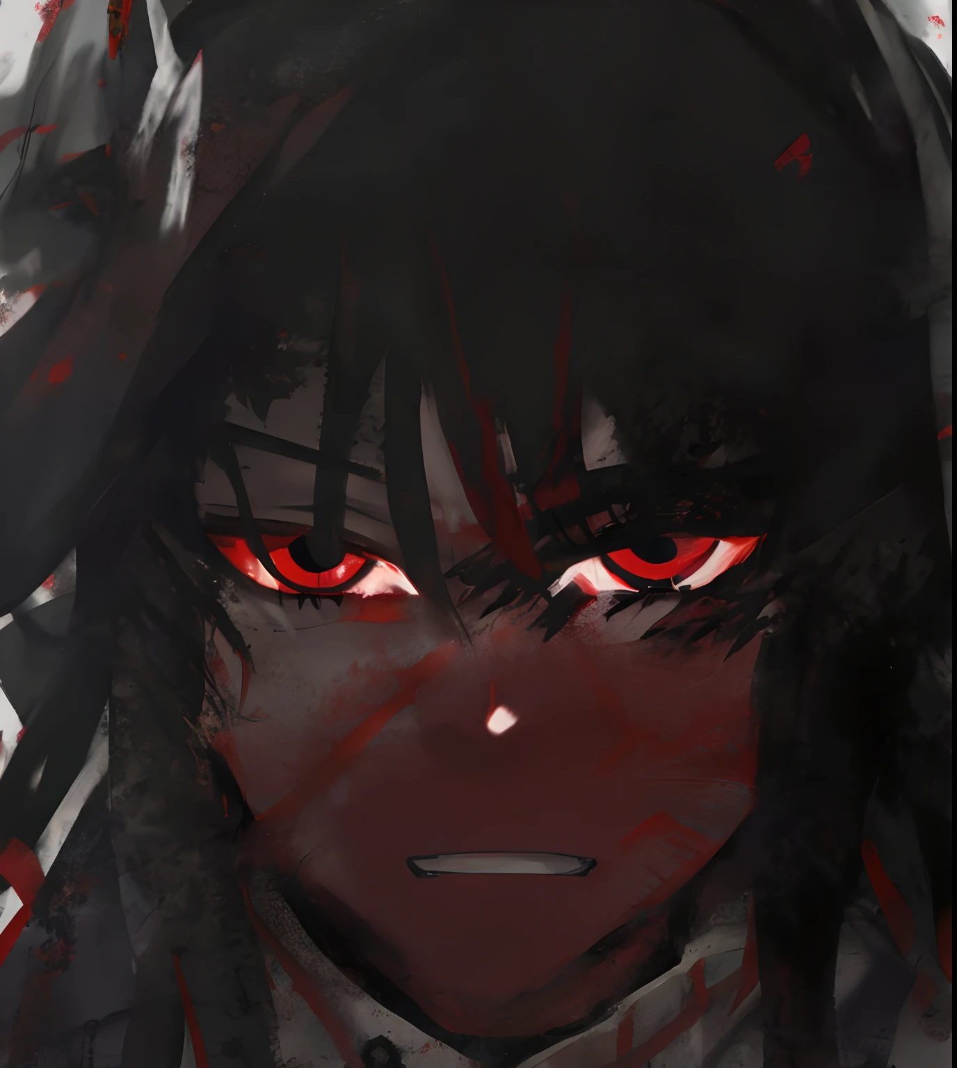 anime character with red eyes and black dreadlocks with a small black star below his left eye, with glowing red eyes, with red glowing eyes, with red eyes, badass anime 8 k, demon slayer rui fanart, red eyes, black anime pupils in her eyes, anime style 4 k, sharp red eyes, red eyed, with a red eyes, red-eyed, red - eyed