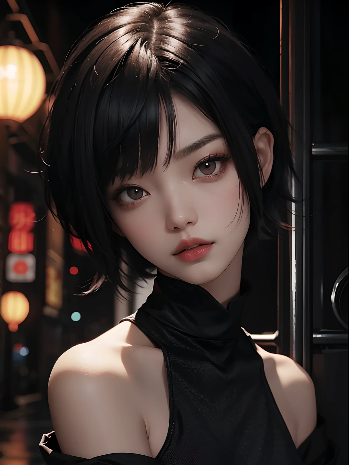 Best quality, iris black, pupil red, short hair, black red hair, Asian beauty, young, baddas