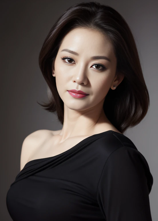 masterpiece,best quality, (one milf), ((portrait:1.5)), ((look down)), makeup, elegant black shirt, ouch own chest, ((seduction expression)),