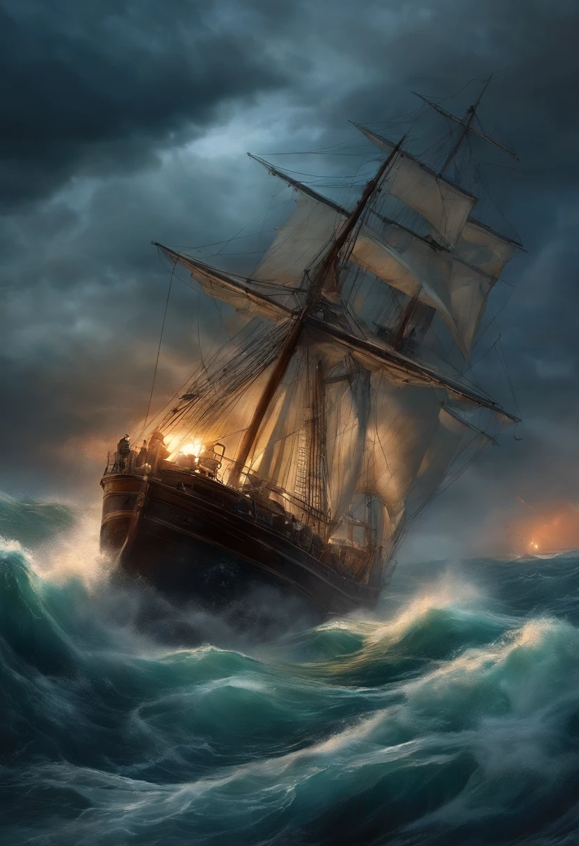 Draw a scene that shows the storm at sea and how the sailors react to danger.