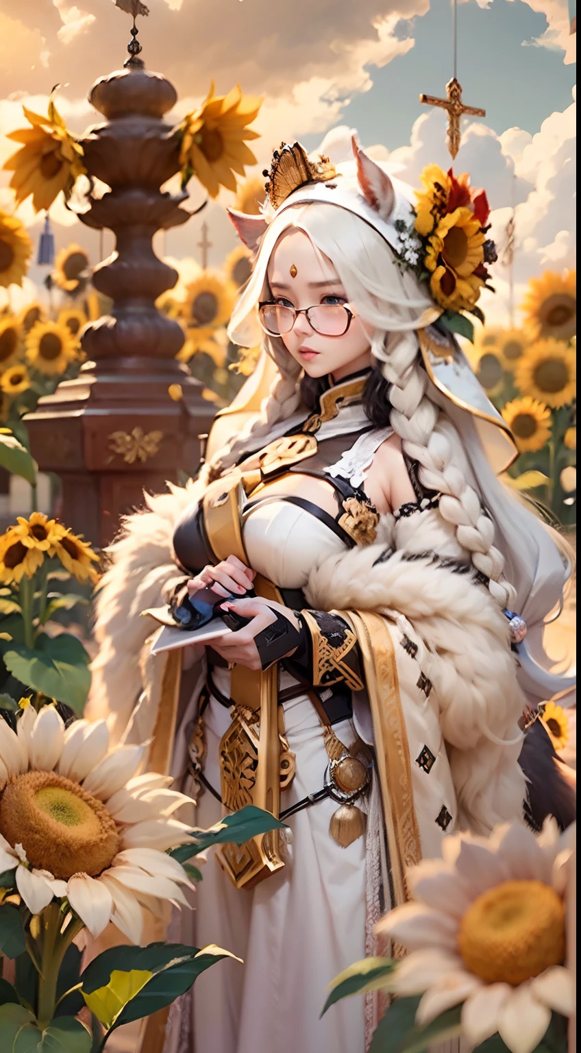 In a very grand scene,The extra-large wide-angle lens captures the appearance of a female centaur。She is a Sunflower Worship nun,Always opposed(A knitted sunflower puppet 9.9)DOA。She is tall,It has the ultimate curvy beauty,The muscles are slender and firm,Beautiful lines。She has(Super huge sky blue eyes:99.99)、always(Wearing sexy glasses:6.66)、(She wears solemn nun attire:9.9)、Stepping on a boot-style skyscraper-heel、A pink cross hangs on his chest。Use Midjourney's advanced tools,Designed for female centaurs(一个针织太阳花布偶并在花盘中心创造一张超级治愈的emoji😊笑脸:99.99),and noble and solemn nun costumes,and highlight her unique physiological characteristics and appearance details,Add realism。And in the context of her prayers and listening to confessions,Spectacular views of nature,Such as the sky where storms and sunny days alternate、Brilliant rivers of stars and auroras、The snow-capped summit of Mount Everest、Fireworks in the mountain town, etc。ao mesmo tempo,Away from the hustle and bustle next to the chapel,Create a fantastic scene。Use Midjourney's advanced tools and multiple color palettes、Brush Strokes、Texture tools and model packages,It shows a sense of atmosphere where beauty and charm coexist。The charm of the female centaur is highlighted through color and lines,Enhance realism with detailing,Create a surreal dreamy feeling。Additionally,Use Midjourney's tools to add various exorcism props and books to the female centaur、pergaminhos,Create intricate hairstyles and outfits,Give her a sense of premium。She never flinches,No matter what monster you encounter,can respond quickly,Even the most extreme armies of natural disasters and monsters could not stop her and her front(Sunflower with Tyndall effect that emits sunlight9.99)。Use Midjourney's powerful tools,You can do it with incredible detail and beauty,Bring this ultra-grand and beautiful scene to life。Ultra-grand scenes,super wide shot, hdr,(真实感,Masterpiece quality,best qualtiy),