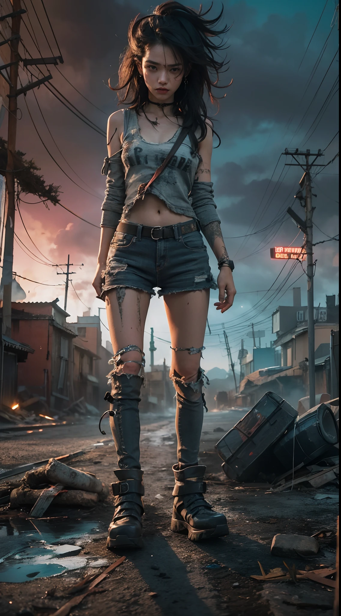 (La mejor calidad,4k,alto),mirada seria,Chica pelirroja con ojos azules,Cuerpo definido,Vista de cuerpo entero,Chica en pose de lucha,Fondo de la ciudad destruida,bandas en los brazos y las piernas,Edificios en ruinas,gloomy atmosphere,dark ilumination,Post-apocalyptic theme,Salpicaduras de sangre,vivid colors