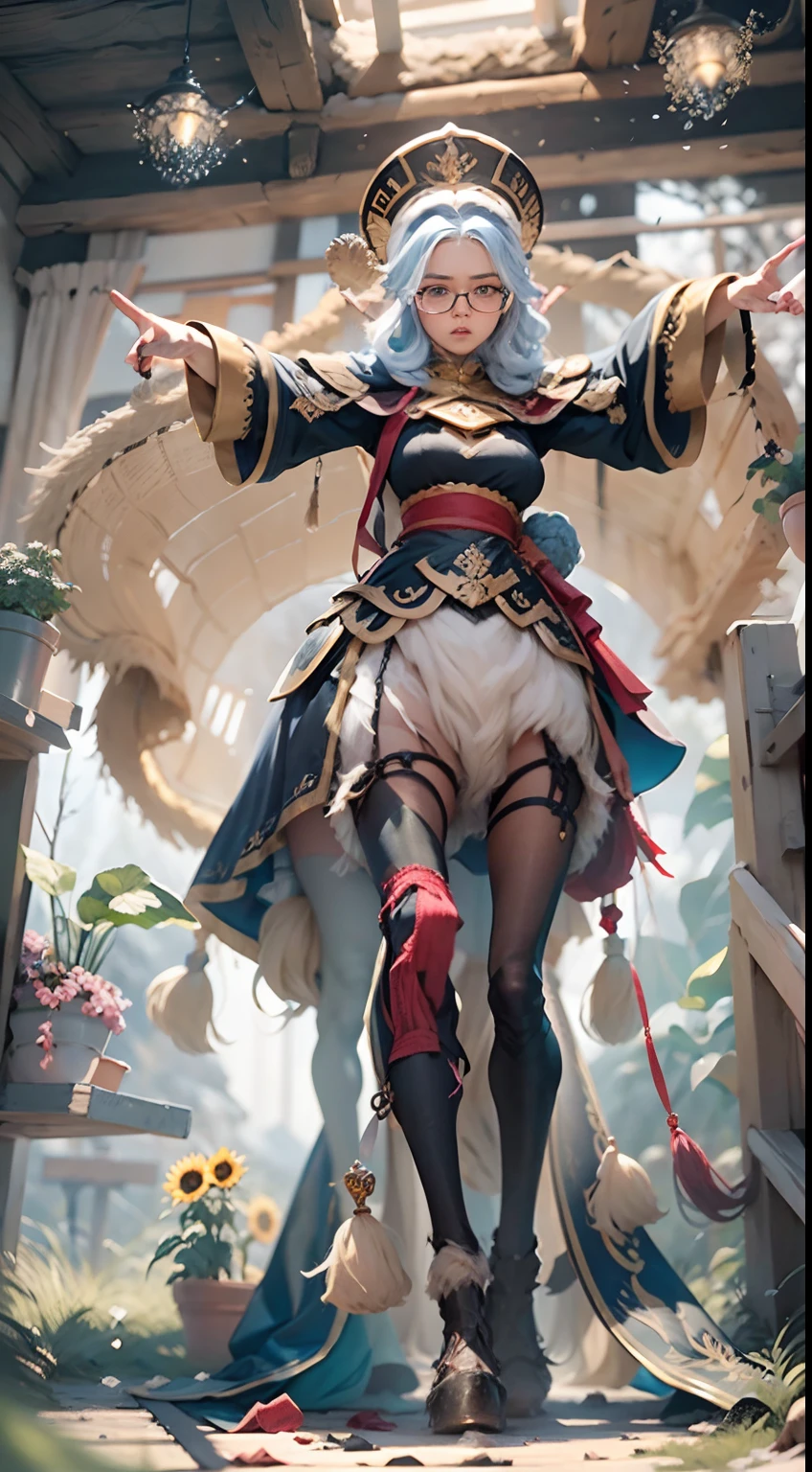 In a very grand scene,The extra-large wide-angle lens captures the appearance of a female centaur。She is a Sunflower Worship nun,Always opposed(A knitted sunflower puppet 9.9)DOA。She is tall,It has the ultimate curvy beauty,The muscles are slender and firm,Beautiful lines。She has(Super huge sky blue eyes:99.99)、always(Wearing sexy glasses:6.66)、(She wears solemn nun attire:9.9)、Stepping on a boot-style skyscraper-heel、A pink cross hangs on his chest。Use Midjourney's advanced tools,Designed for female centaurs(一个针织太阳花布偶并在花盘中心创造一张超级治愈的emoji😊笑脸:99.99),and noble and solemn nun costumes,and highlight her unique physiological characteristics and appearance details,Add realism。And in the context of her prayers and listening to confessions,Spectacular views of nature,Such as the sky where storms and sunny days alternate、Brilliant rivers of stars and auroras、The snow-capped summit of Mount Everest、Fireworks in the mountain town, etc。ao mesmo tempo,Away from the hustle and bustle next to the chapel,Create a fantastic scene。Use Midjourney's advanced tools and multiple color palettes、Brush Strokes、Texture tools and model packages,It shows a sense of atmosphere where beauty and charm coexist。The charm of the female centaur is highlighted through color and lines,Enhance realism with detailing,Create a surreal dreamy feeling。Additionally,Use Midjourney's tools to add various exorcism props and books to the female centaur、pergaminhos,Create intricate hairstyles and outfits,Give her a sense of premium。She never flinches,No matter what monster you encounter,can respond quickly,Even the most extreme armies of natural disasters and monsters could not stop her and her front(Sunflower with Tyndall effect that emits sunlight9.99)。Use Midjourney's powerful tools,You can do it with incredible detail and beauty,Bring this ultra-grand and beautiful scene to life。Ultra-grand scenes,super wide shot, hdr,(真实感,Masterpiece quality,best qualtiy),