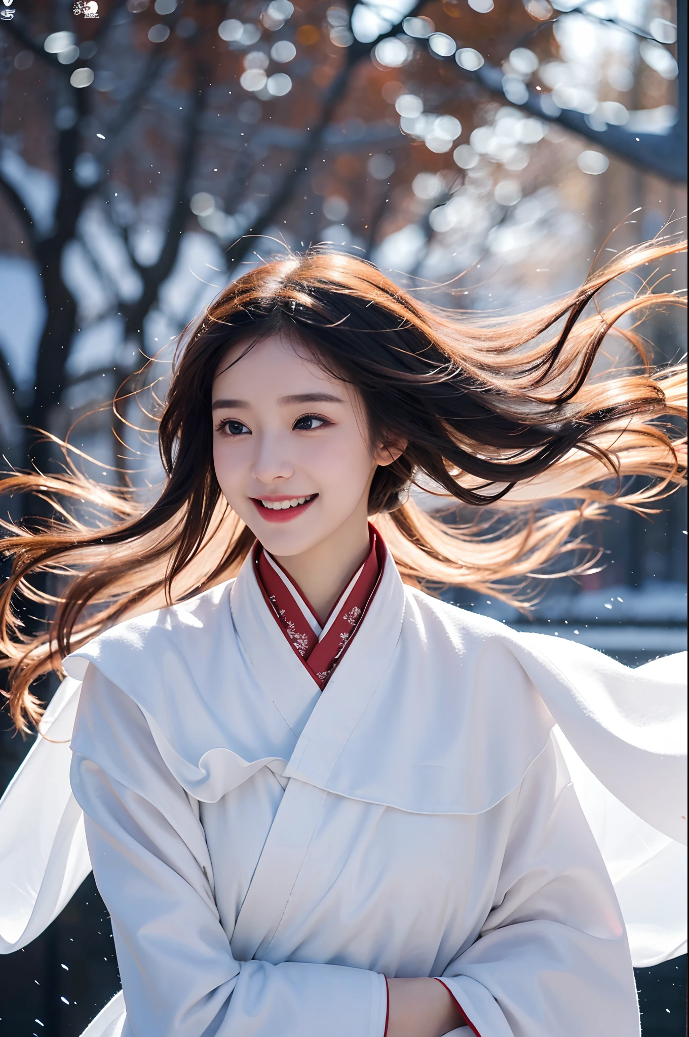 bestquality, 8K image quality, 1girls, White Hanfu, snow, Long hair fluttering in the wind, Healing smile, large aperture, upper body, blurred background