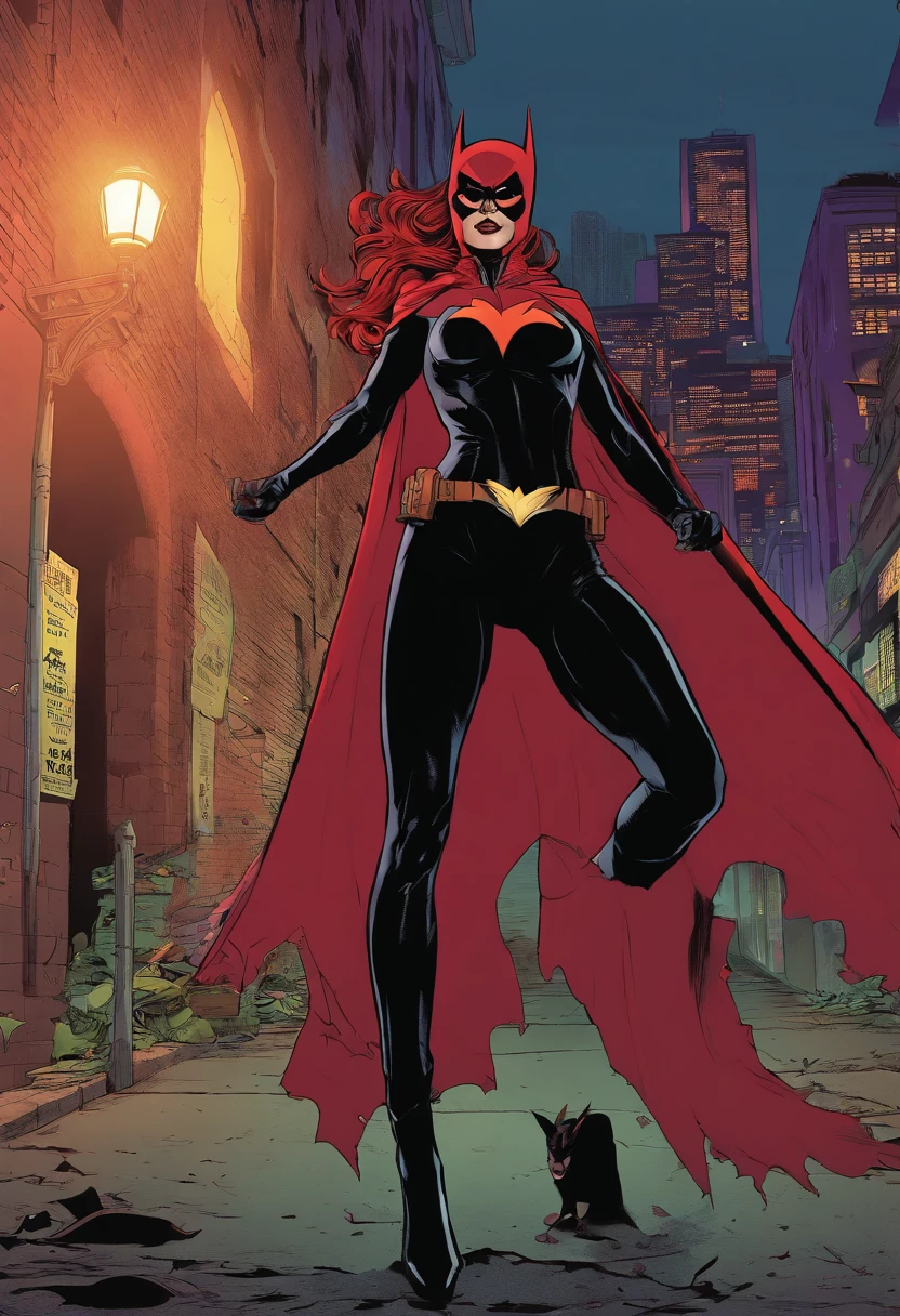 Batwoman wearing a skintight costume with a black cape in a dark, sinister alley under a dim light from a pole in a sensual pose with her hands on her waist, Batgirl, bodysuit, defined body, wide hips, Allan Moore, DC Comics, gothic scenario, Gottam City, intricate details