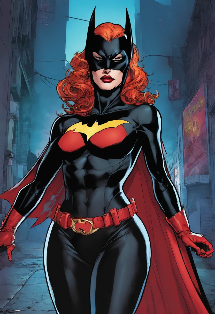 Batwoman wearing a skintight costume with a black cape in a dark, sinister alley under a dim light from a pole in a sensual pose with her hands on her waist, Batgirl, bodysuit, defined body, wide hips, Allan Moore, DC Comics, gothic scenario, Gottam City, intricate details