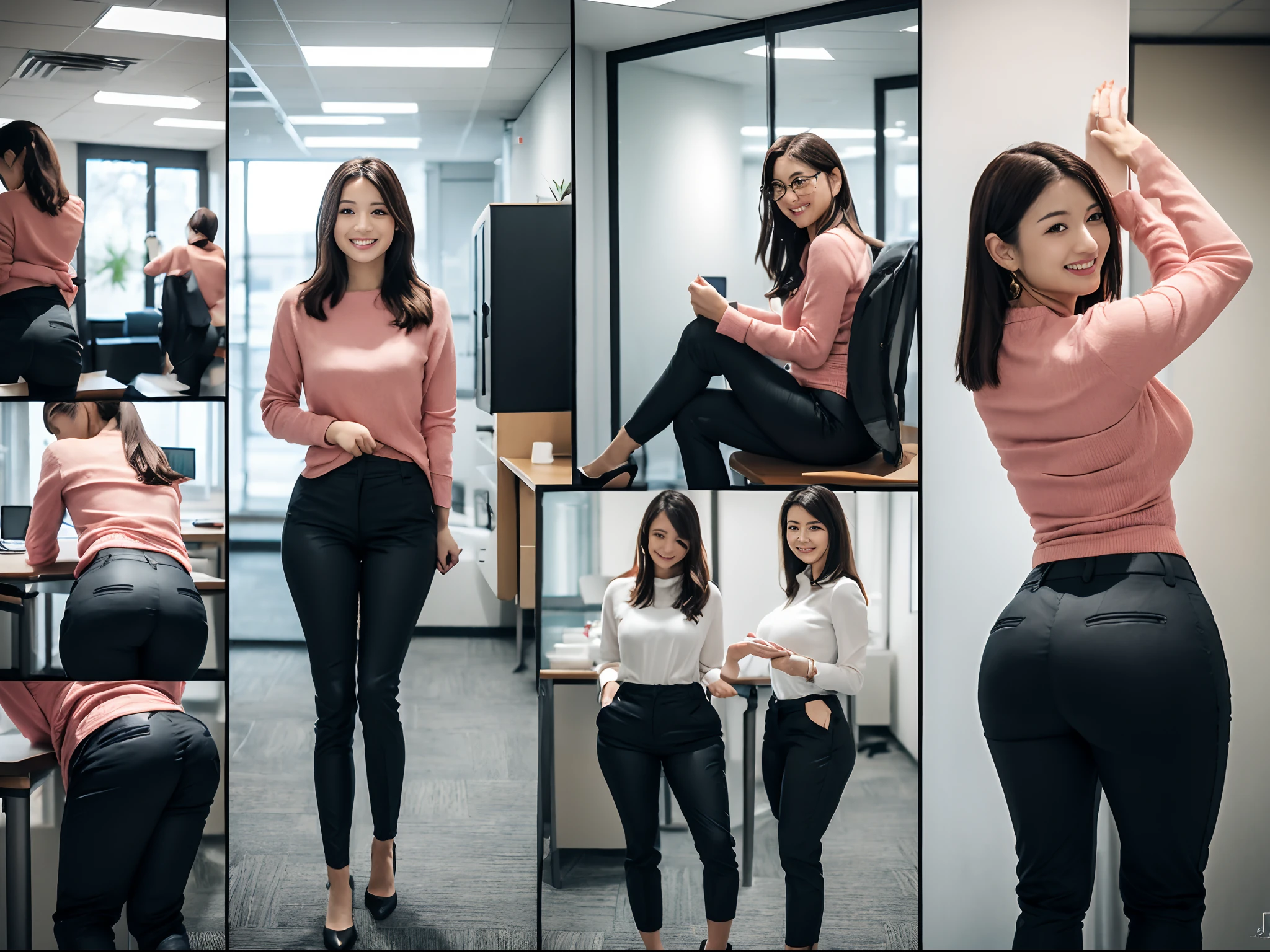 masutepiece, Best Quality, 超A high resolution,(photographrealistic:1.4) (depth of fields),(Lens Glow) , jaket:1.5、Inside the office:1.5、a Pretty Japanese woman１a person:1.5、officeworker、Sexy ass:1.5、smil、(tight trousers:1.5)、put hands on the hip、