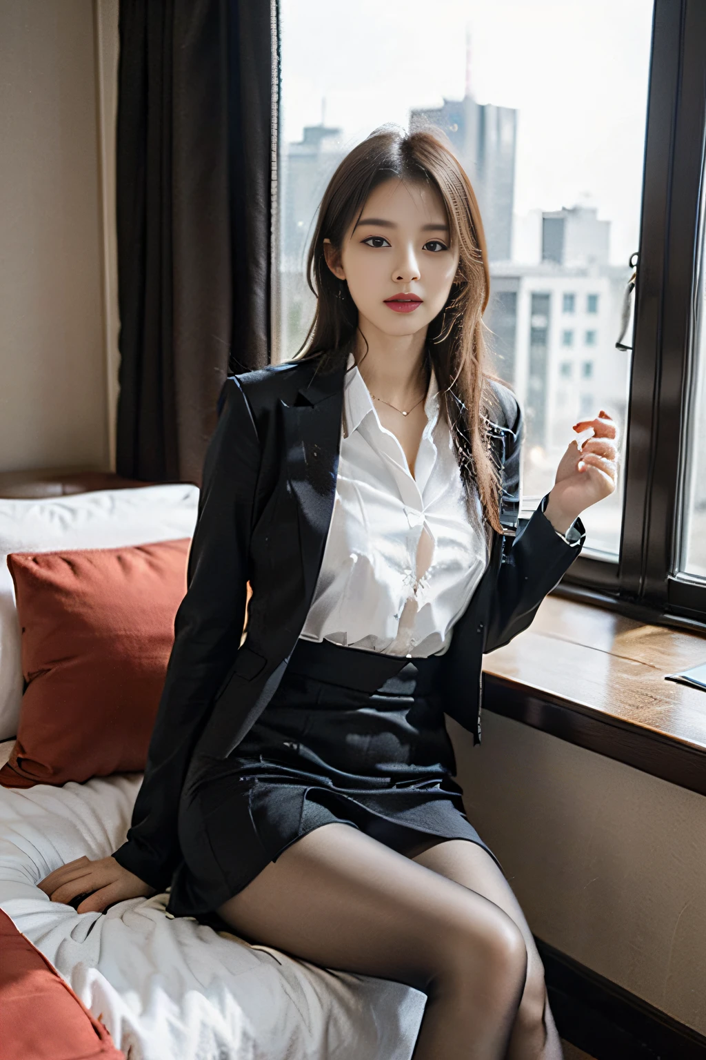 1 girl sitting in an office chair,(European model:1.3),31 years old,delicated,Business womenswear,(jaket:1.1),(The shirt:1.1),(Wrap skirt:1.1),jewelry,Hosiery,Stockings,black lence stockings,goosebumps,Goose - meat,(Fidelity:1.3),filigree,quality,(tmasterpiece:1.2),(Fidelity:1.2),(best qualtiy),(skin detailed:1.3),(Complicated details),dramatics,Ray traching,photore,Bathed in shadows,visual novel,The boss's office for a skyscraper,window with view on the city,filmgrain,depth of fields