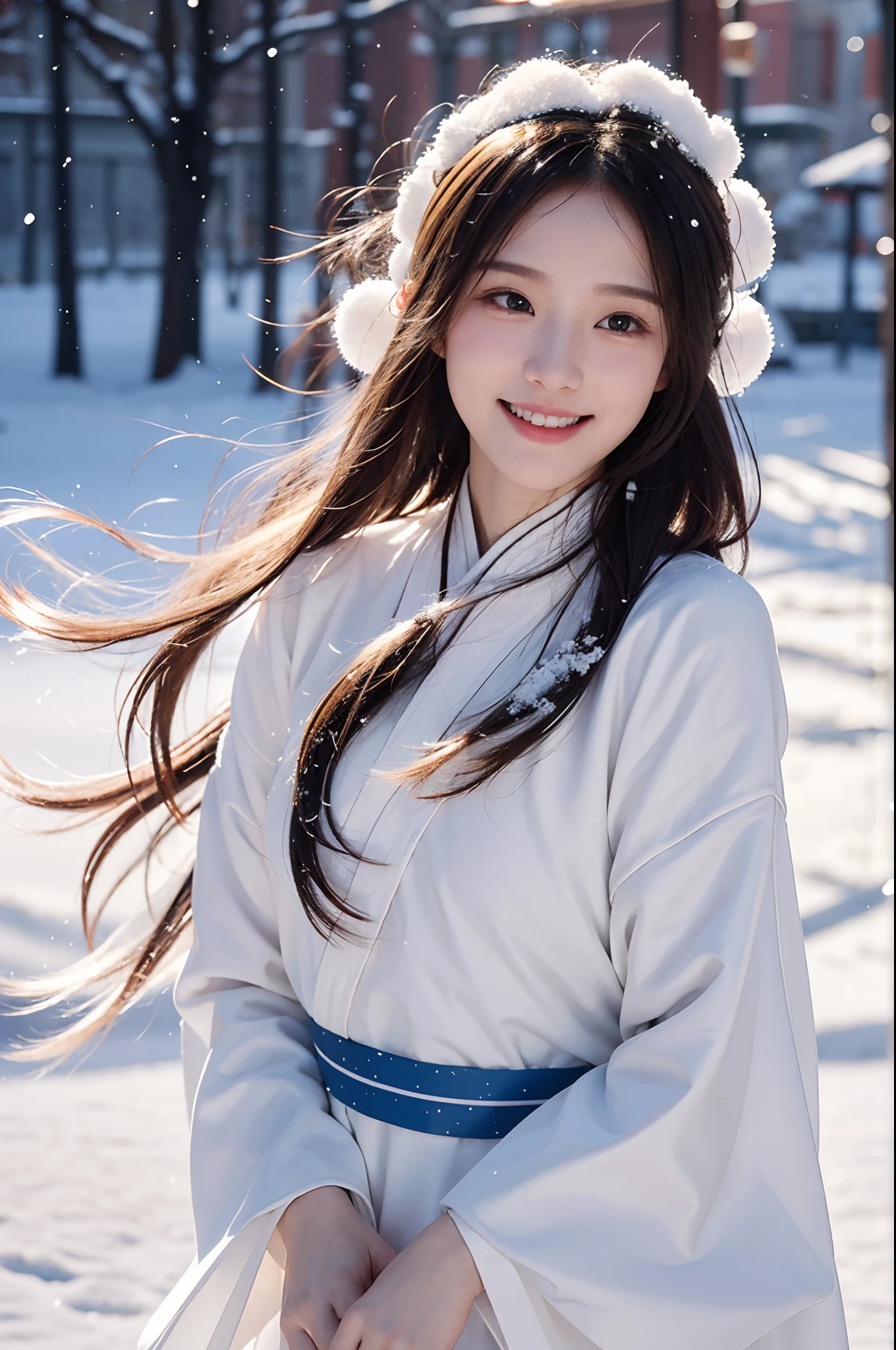 bestquality, 8K image quality, 1girls, White Hanfu, snow, Long hair fluttering in the wind, Healing smile, large aperture, upper body, blurred background