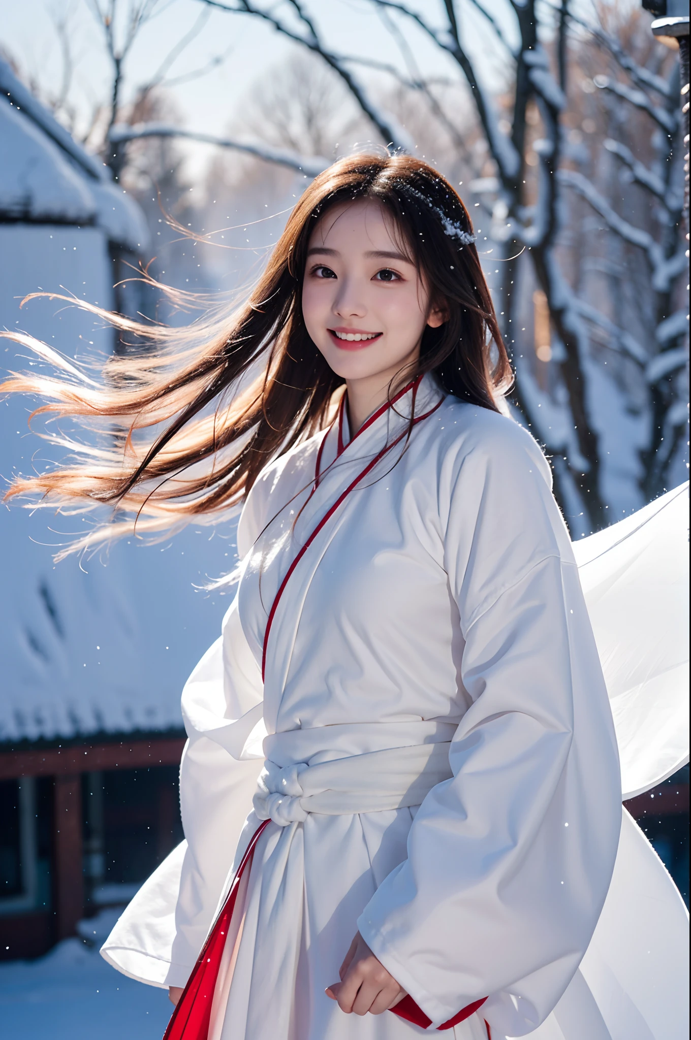 bestquality, 8K image quality, 1girls, White Hanfu, snow, Long hair fluttering in the wind, Healing smile, large aperture, upper body, blurred background
