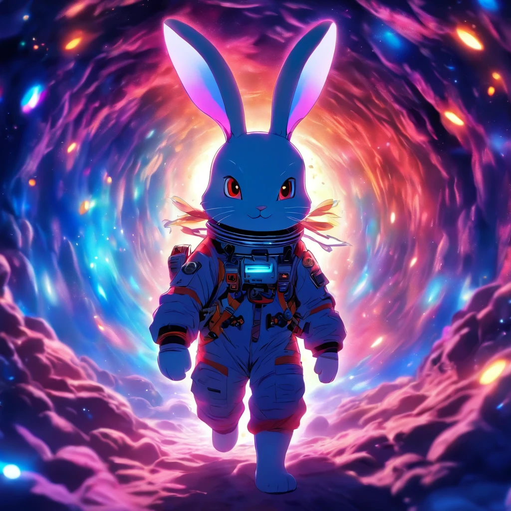 A very cute rabbit in a spacesuit is walking through a space-time tunnel，A black hole near the end，Best quality , Extremely Delicately Beautiful, Extremely detailed ,Unity ,8K wallpaper, finedetail, Best quality,absurderes, unbelievable Ridiculous, hugefilesize, Ultra-detailed, A high resolution, Extremely detailed