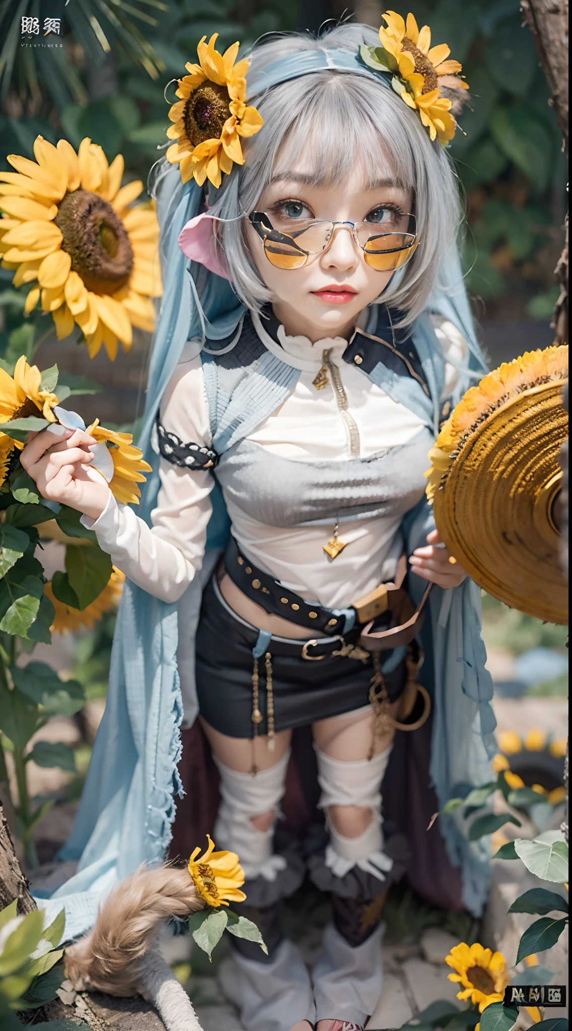 In a very grand scene，The extra-large wide-angle lens captures the appearance of a female centaur。She is a Sunflower Worship nun，Always opposed（Healing emoji smiley face of knitted sunflower puppet😊：99.99）DOA。She is tall，It has the ultimate curvy beauty，The muscles are slender and firm，Beautiful lines。She has（Super huge sky blue eyes：99.99）、always（Wearing sexy glasses：6.66）、（She wears solemn nun attire：9.9）、Stepping on a boot-style skyscraper-heel、A pink cross hangs on his chest。Use Midjourney's advanced tools，Designed for female centaurs（A knitted sunflower puppet and create a super healing cartoon smiley face in the center of the flower tray as a decoration：9.9），and noble and solemn nun costumes，and highlight her unique physiological characteristics and appearance details，Add realism。And in the context of her prayers and listening to confessions，Spectacular views of nature，Such as the sky where storms and sunny days alternate、Brilliant rivers of stars and auroras、The snow-capped summit of Mount Everest、Fireworks in the mountain town, etc。ao mesmo tempo，Away from the hustle and bustle next to the chapel，Create a fantastic scene。Use Midjourney's advanced tools and multiple color palettes、Brush Strokes、Texture tools and model packages，It shows a sense of atmosphere where beauty and charm coexist。The charm of the female centaur is highlighted through color and lines，Enhance realism with detailing，Create a surreal dreamy feeling。Additionally，Use Midjourney's tools to add various exorcism props and books to the female centaur、pergaminhos，Create intricate hairstyles and outfits，Give her a sense of premium。She never flinches，No matter what monster you encounter，can respond quickly，Even the most extreme armies of natural disasters and monsters could not stop her and her front（Sunflower with Tyndall effect that emits sunlight9.99）。Use Midjourney's powerful tools，You can do it with incredible detail and beauty，Bring this ultra-grand and beautiful scene to life。Ultra-grand sc