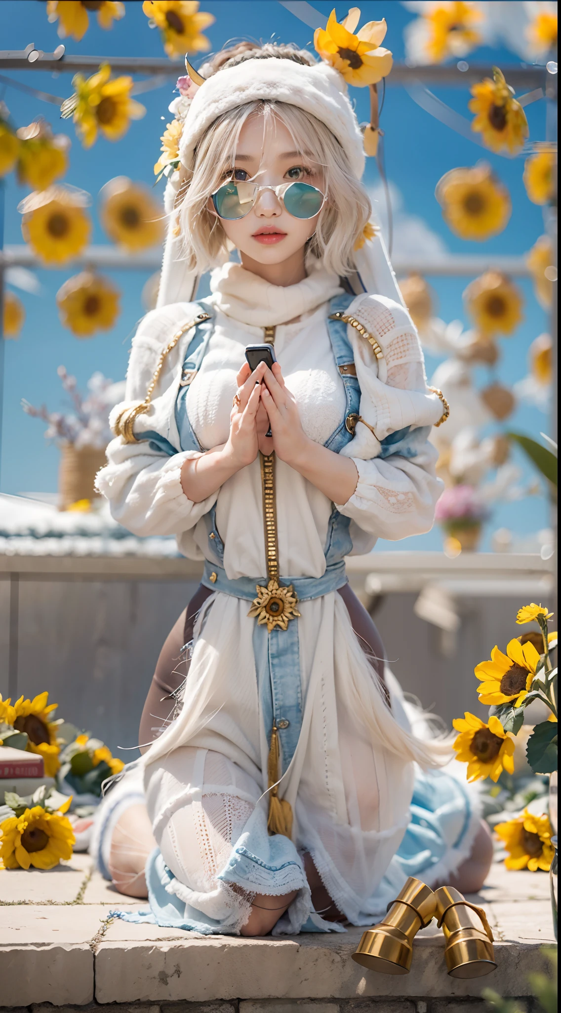 In a very grand scene,The extra-large wide-angle lens captures the appearance of a female centaur。She is a Sunflower Worship nun,Always opposed(Healing emoji smiley face of knitted sunflower puppet😊:99.99)DOA。She is tall,It has the ultimate curvy beauty,The muscles are slender and firm,Beautiful lines。She has(Super huge sky blue eyes:99.99)、always(Wearing sexy glasses:6.66)、(She wears solemn nun attire:9.9)、Stepping on a boot-style skyscraper-heel、A pink cross hangs on his chest。Use Midjourney's advanced tools,Designed for female centaurs(A knitted sunflower puppet and create a super healing cartoon smiley face in the center of the flower tray as a decoration:9.9),and noble and solemn nun costumes,and highlight her unique physiological characteristics and appearance details,Add realism。And in the context of her prayers and listening to confessions,Spectacular views of nature,Such as the sky where storms and sunny days alternate、Brilliant rivers of stars and auroras、The snow-capped summit of Mount Everest、Fireworks in the mountain town, etc。ao mesmo tempo,Away from the hustle and bustle next to the chapel,Create a fantastic scene。Use Midjourney's advanced tools and multiple color palettes、Brush Strokes、Texture tools and model packages,It shows a sense of atmosphere where beauty and charm coexist。The charm of the female centaur is highlighted through color and lines,Enhance realism with detailing,Create a surreal dreamy feeling。Additionally,Use Midjourney's tools to add various exorcism props and books to the female centaur、pergaminhos,Create intricate hairstyles and outfits,Give her a sense of premium。She never flinches,No matter what monster you encounter,can respond quickly,Even the most extreme armies of natural disasters and monsters could not stop her and her front(Sunflower with Tyndall effect that emits sunlight9.99)。Use Midjourney's powerful tools,You can do it with incredible detail and beauty,Bring this ultra-grand and beautiful scene to life。Ultra-grand sc