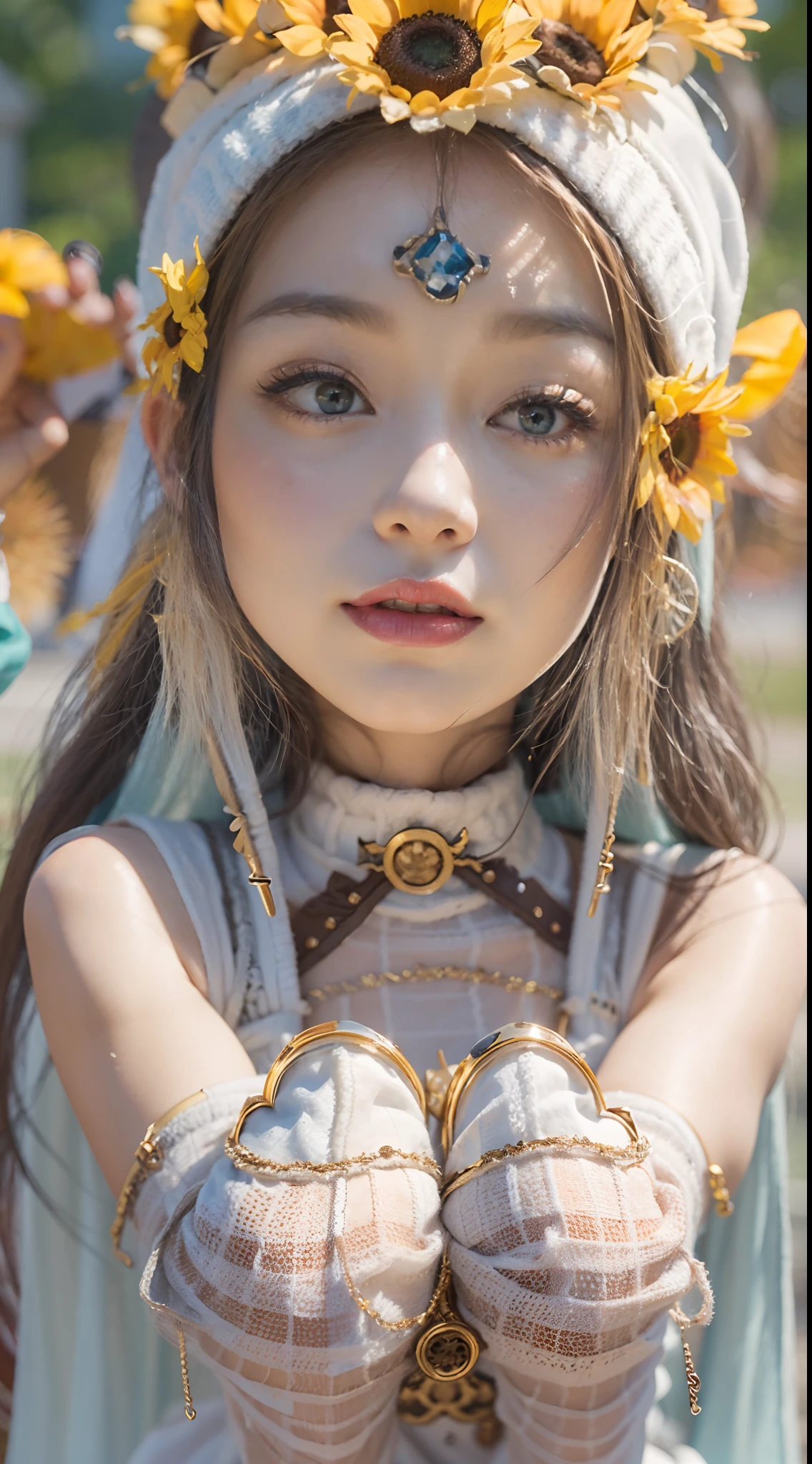 In a very grand scene,The extra-large wide-angle lens captures the appearance of a female centaur。She is a Sunflower Worship nun,Always opposed(Healing emoji smiley face of knitted sunflower puppet😊:99.99)DOA。She is tall,It has the ultimate curvy beauty,The muscles are slender and firm,Beautiful lines。She has(Super huge sky blue eyes:99.99)、always(Wearing sexy glasses:6.66)、(She wears solemn nun attire:9.9)、Stepping on a boot-style skyscraper-heel、A pink cross hangs on his chest。Use Midjourney's advanced tools,Designed for female centaurs(A knitted sunflower puppet and create a super healing cartoon smiley face in the center of the flower tray as a decoration:9.9),and noble and solemn nun costumes,and highlight her unique physiological characteristics and appearance details,Add realism。And in the context of her prayers and listening to confessions,Spectacular views of nature,Such as the sky where storms and sunny days alternate、Brilliant rivers of stars and auroras、The snow-capped summit of Mount Everest、Fireworks in the mountain town, etc。ao mesmo tempo,Away from the hustle and bustle next to the chapel,Create a fantastic scene。Use Midjourney's advanced tools and multiple color palettes、Brush Strokes、Texture tools and model packages,It shows a sense of atmosphere where beauty and charm coexist。The charm of the female centaur is highlighted through color and lines,Enhance realism with detailing,Create a surreal dreamy feeling。Additionally,Use Midjourney's tools to add various exorcism props and books to the female centaur、pergaminhos,Create intricate hairstyles and outfits,Give her a sense of premium。She never flinches,No matter what monster you encounter,can respond quickly,Even the most extreme armies of natural disasters and monsters could not stop her and her front(Sunflower with Tyndall effect that emits sunlight9.99)。Use Midjourney's powerful tools,You can do it with incredible detail and beauty,Bring this ultra-grand and beautiful scene to life。Ultra-grand sc