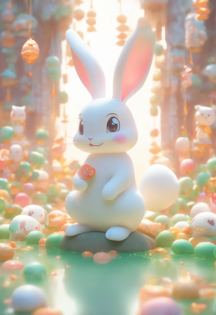 A very cute jade rabbit, Mid-Autumn Festival atmosphere, Silk, (Smooth texture), (Don't feel left to chance), White body, sat on the ground, Looking up, 。.3D, C4D, blender, Octane rendering, Simple background, (White background :1.5), A masterpiece of pastel colors, Soft material, Best quality, Super detail, High quality, 4K