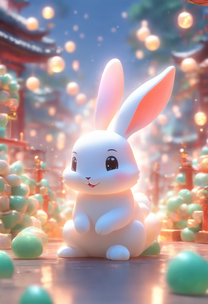 A very cute jade rabbit, Mid-Autumn Festival atmosphere, Silk, (Smooth texture), (Don't feel left to chance), White body, sat on the ground, Looking up, 。.3D, C4D, blender, Octane rendering, Simple background, (White background :1.5), A masterpiece of pastel colors, Soft material, Best quality, Super detail, High quality, 4K