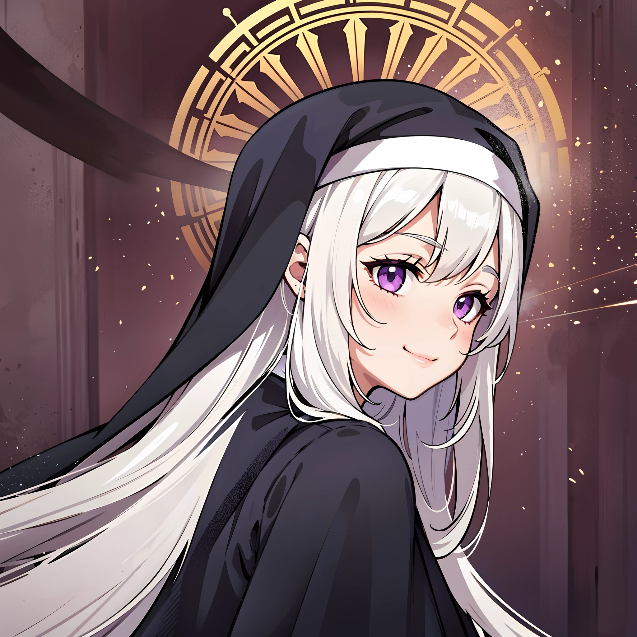 upper body, 1woman, white hair, Long Haired, purple eyes, (nun), sister, big breats, wallpaper, holy light background, light particles, hands behind the back, (masterpiece), best quality, closed-mouth smile