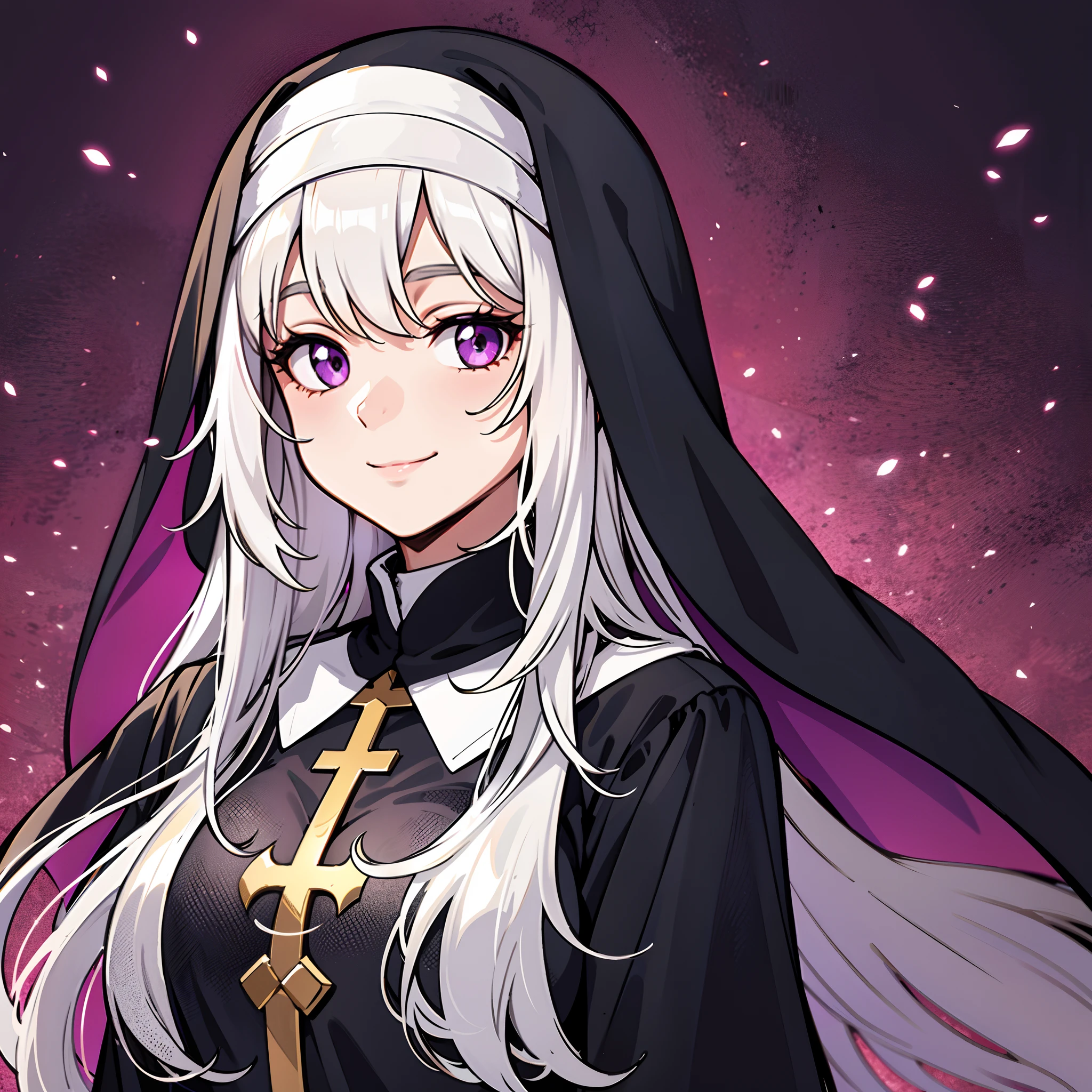 upper body, 1woman, white hair, Long Haired, purple eyes, (nun), sister, big breats, wallpaper, holy light background, light particles, hands behind the back, (masterpiece), best quality, closed-mouth smile