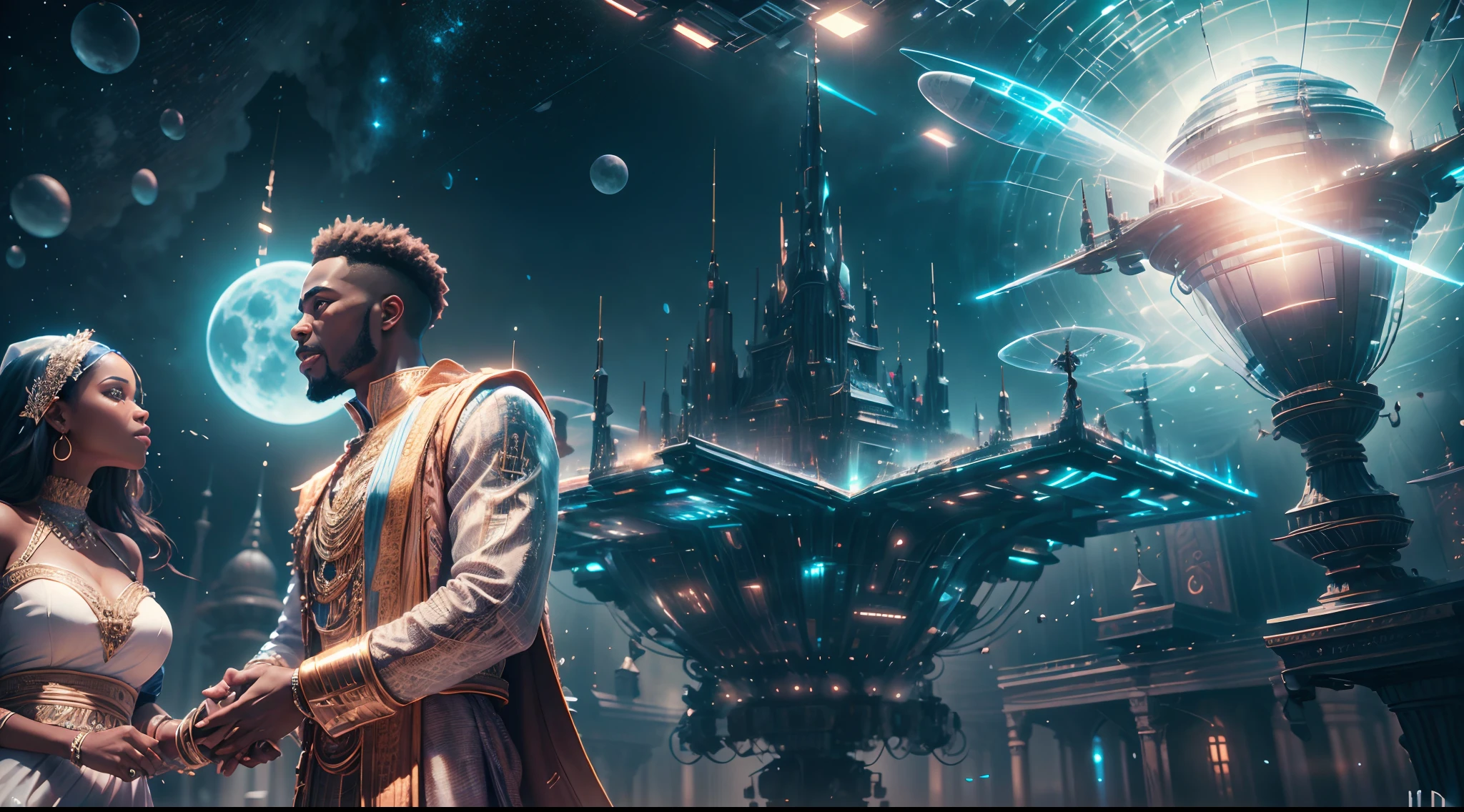 Happy African man marrying African woman both wearing African designed clothes, marriage ceremony on an futuristic african designed spaceship, surrounded by a celebrating congregation all in african designed clothes, African designed drones above them spraying shinning particles in air, african designed spaceship full of African designed instruments, african designed sculptures, pots, night time, moon and stars shining, with iridescent light, photorealistic image, 32k, ultra HD, cinematic lighting, artgerm style, --auto --s2