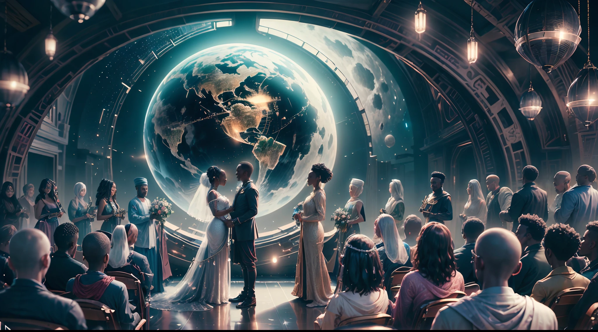 Happy African man marrying African woman both wearing African designed clothes, marriage ceremony on an futuristic african designed spaceship, surrounded by a celebrating congregation all in african designed clothes, African designed drones above them spraying shinning particles in air, african designed spaceship full of African designed instruments, african designed sculptures, pots, night time, moon and stars shining, with iridescent light, photorealistic image, 32k, ultra HD, cinematic lighting, artgerm style, --auto --s2