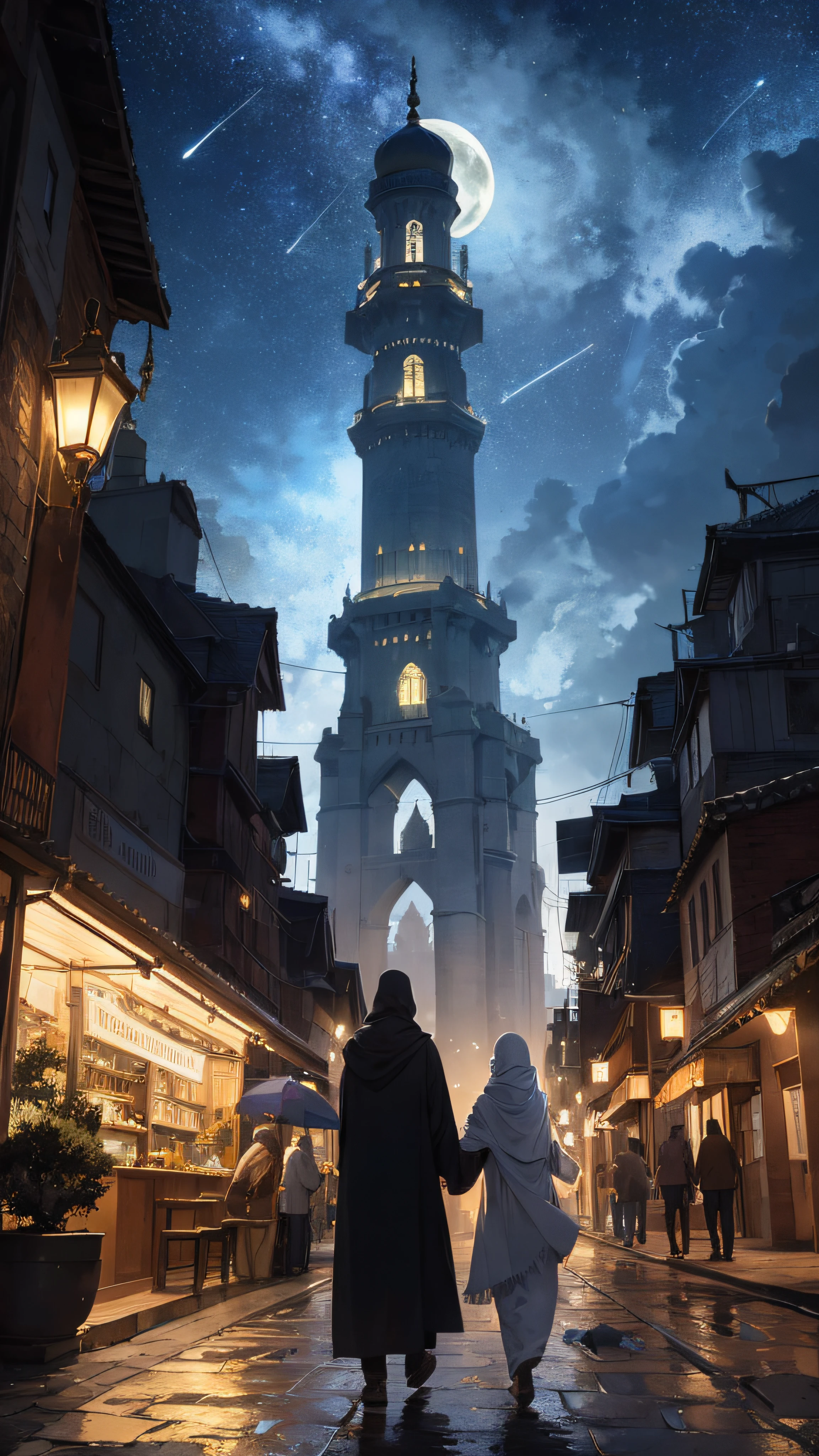 big mosque, muslim, muslim walking, islam, As twilight blankets the realm, the heavens come alive with a celestial spectacle. Countless stars twinkle like shimmering diamonds, their ethereal glow casting a soft illumination upon the landscape. The moon, radiant and full, bathes everything in a gentle silver light, accentuating the enchantment that lies within. At the heart of the composition stands a majestic mechanical frog—a testament to both artistry and engineering prowess. Crafted with meticulous detail, its metallic frame gleams in the moonlight, adorned with ornate patterns and intricate engravings. Gears and mechanisms intertwine seamlessly, bringing the creature to life with graceful movements. a mesmerizing marvel of human innovation and imagination. Mosque adorned with neon lights reach towards the heavens, their vibrant hues painting the night sky with a kaleidoscope of colors. Tiny windows flicker like stars, revealing glimpses of bustling activity within the city's vibrant streets. As the mechanical frog traverses the landscape, its steps create a gentle rhythmic hum that reverberates through the air—a symphony of wonder and possibility. Each hop is a delicate dance, leaving behind a trail of glittering stardust that twinkles like a celestial pathway. The surrounding environment is a harmonious blend of nature and fantasy. Lush greenery and blooming flowers flourish beneath the moon's gentle gaze, their petals embracing the night with delicate fragrances. Majestic trees, their branches adorned with luminescent moss, stand sentinel, casting surreal shadows upon the landscape. A winding river meanders through the scene, its waters mirroring the starry spectacle above. It whispers secrets as it flows, weaving a tale that only those who listen closely can understand. Along its banks, fireflies illuminate the darkness with their gentle glow